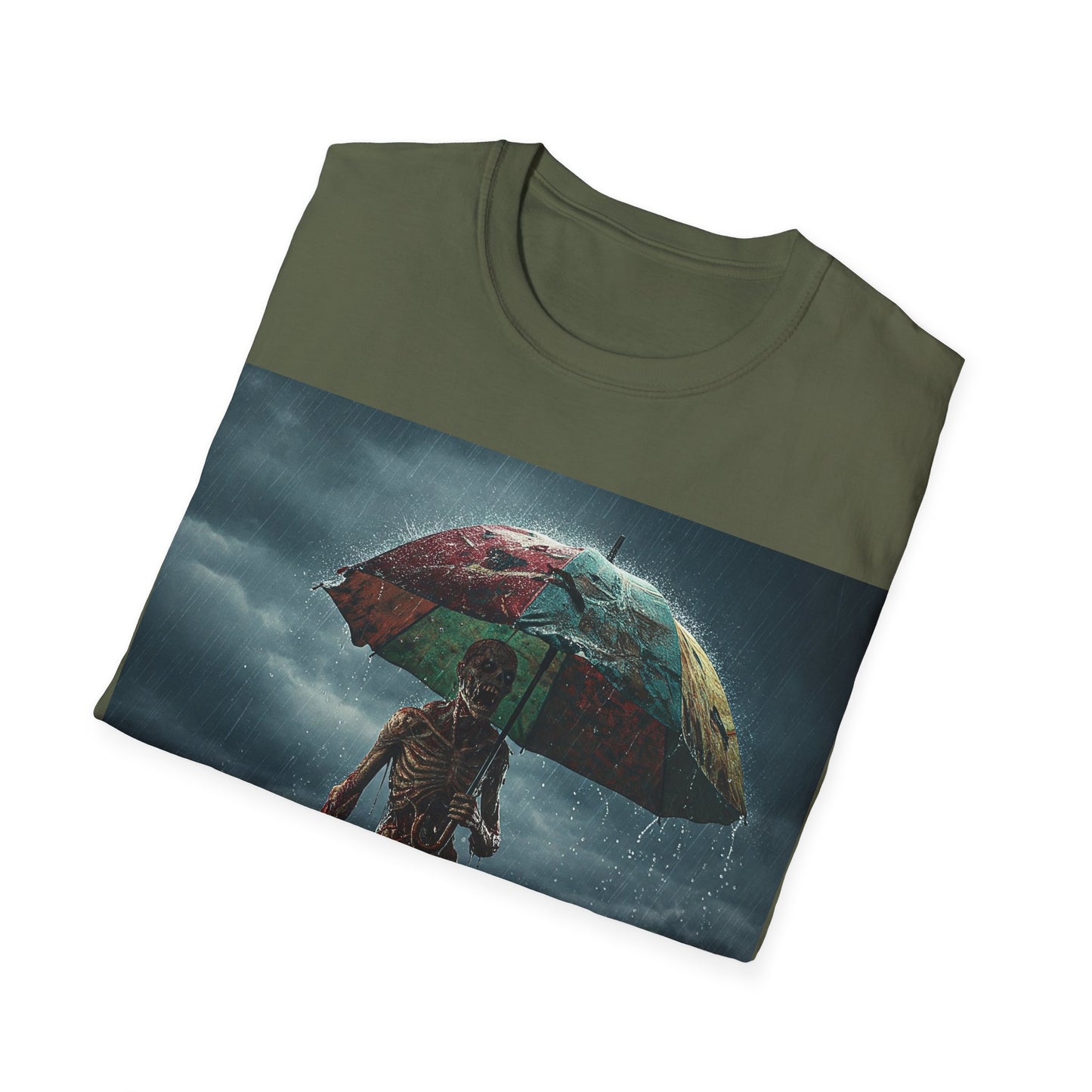UK - Unisex Softstyle T-Shirt - Creepy Skeleton with Umbrella Design - Perfect for Halloween
