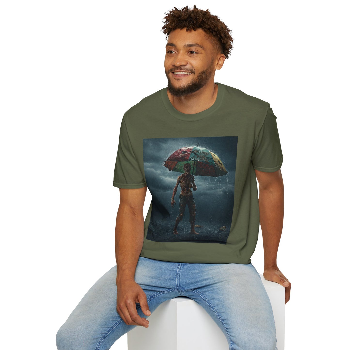 Unisex Softstyle T-Shirt - Creepy Skeleton with Umbrella Design - Perfect for Halloween