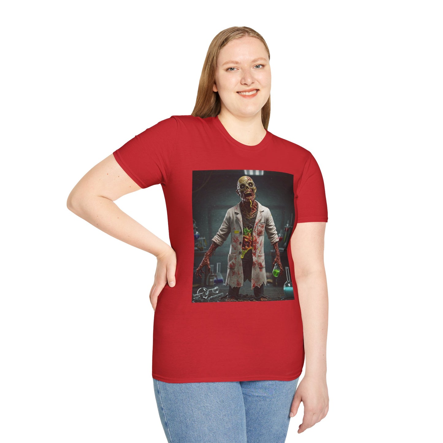 Zombie Scientist Unisex Softstyle T-Shirt - Perfect for Halloween and Horror Fans