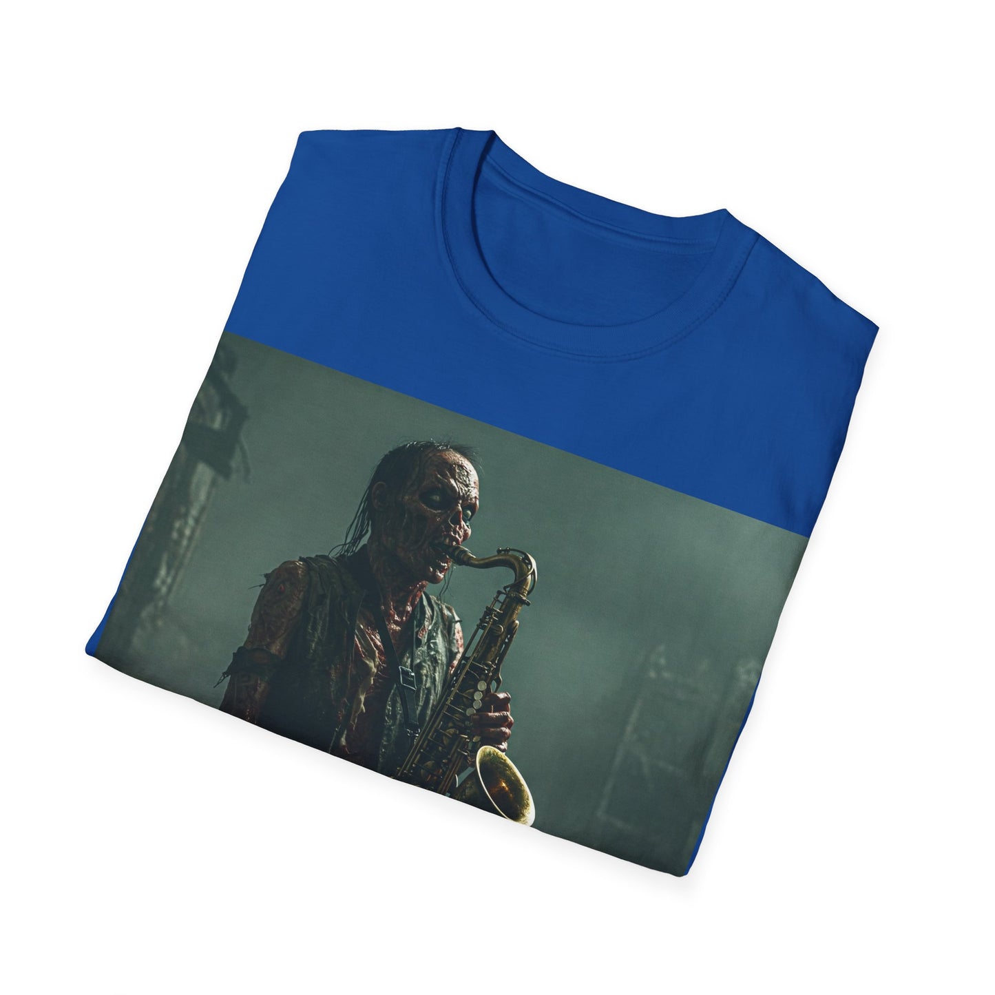 UK - Zombie Jazz Musician Apocalyptic Portrait Tee, bold, decaying zombie graphic
