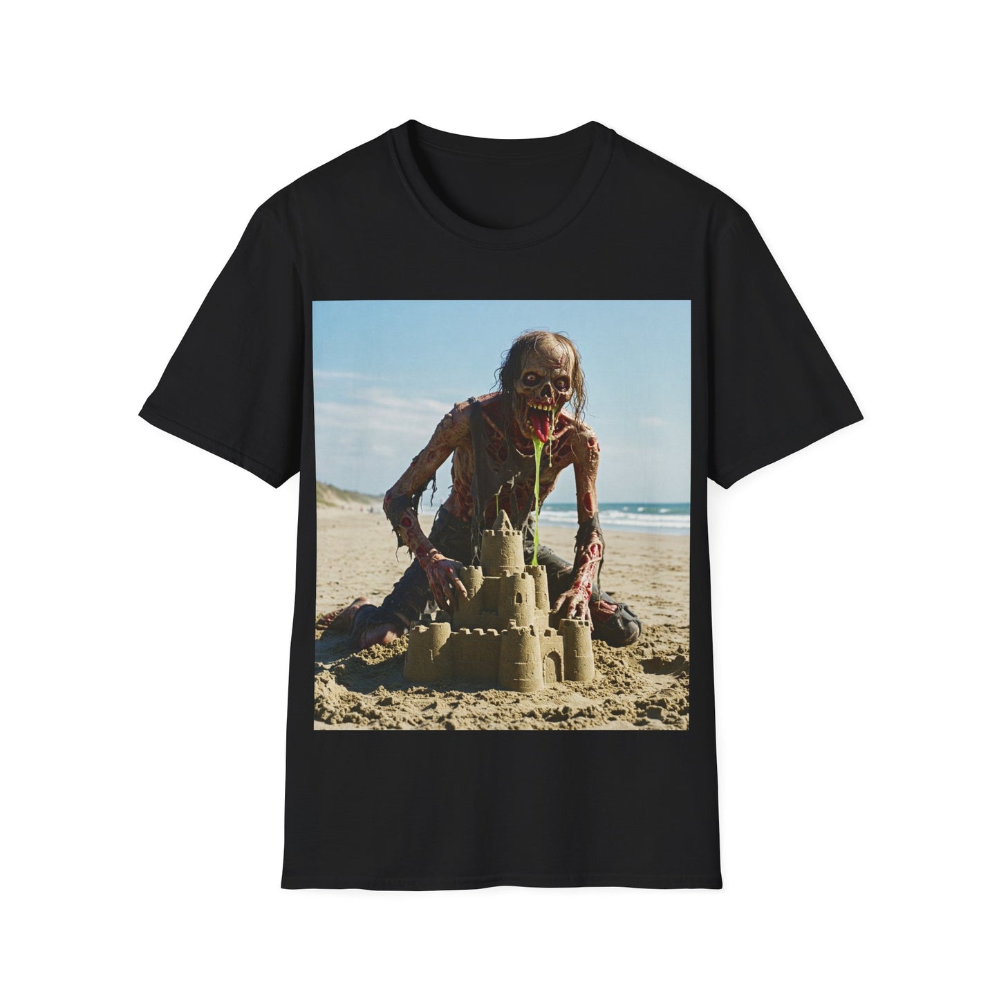 UK - Zombie Sandcastle Unisex Softstyle T-Shirt | Fun Beach Horror Tee