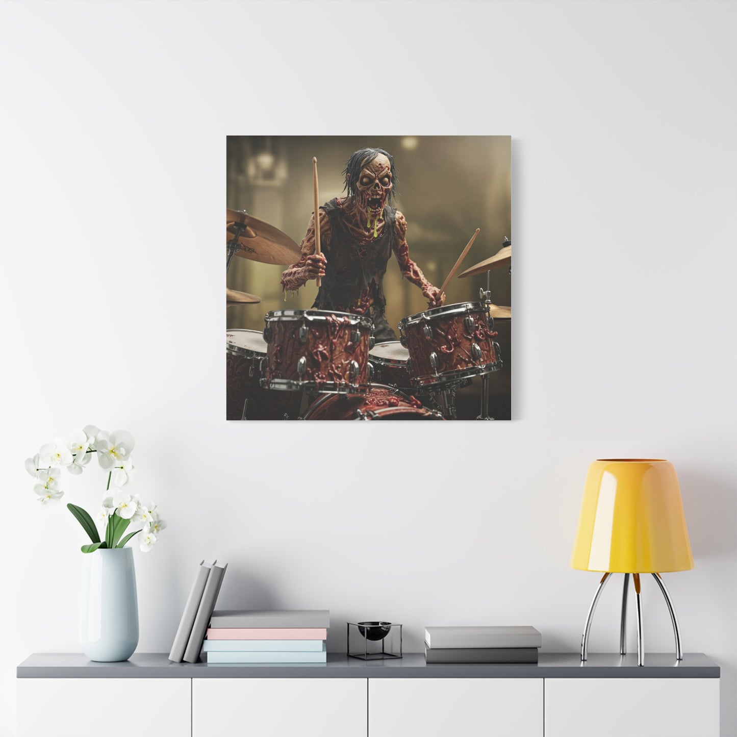 Zombie Drummer Canvas Wall Art - Spooky Horror Decor for Music Lovers