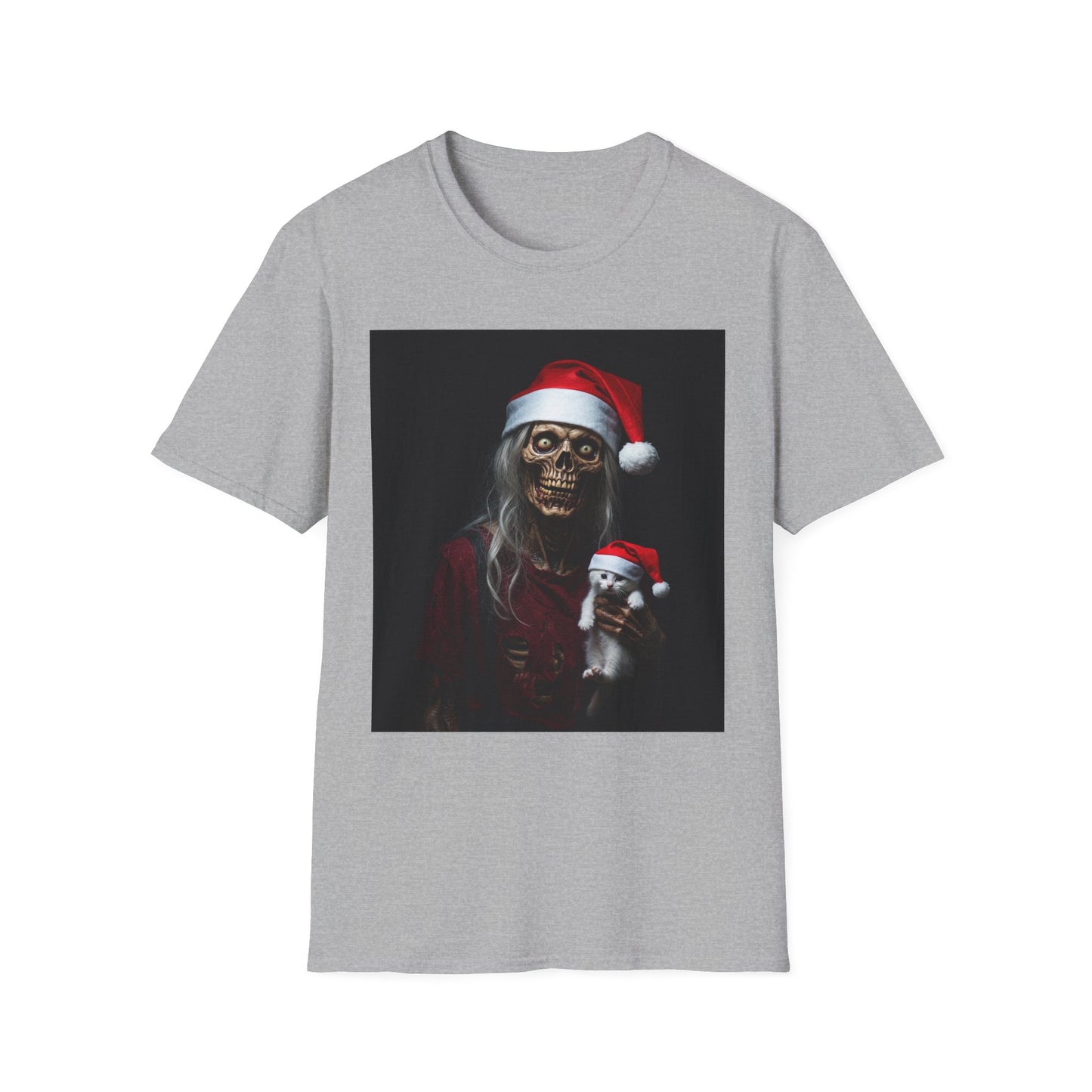 Cat Funny Skeleton Santa Apocalyptic Portrait Tee, bold, decaying zombie graphic