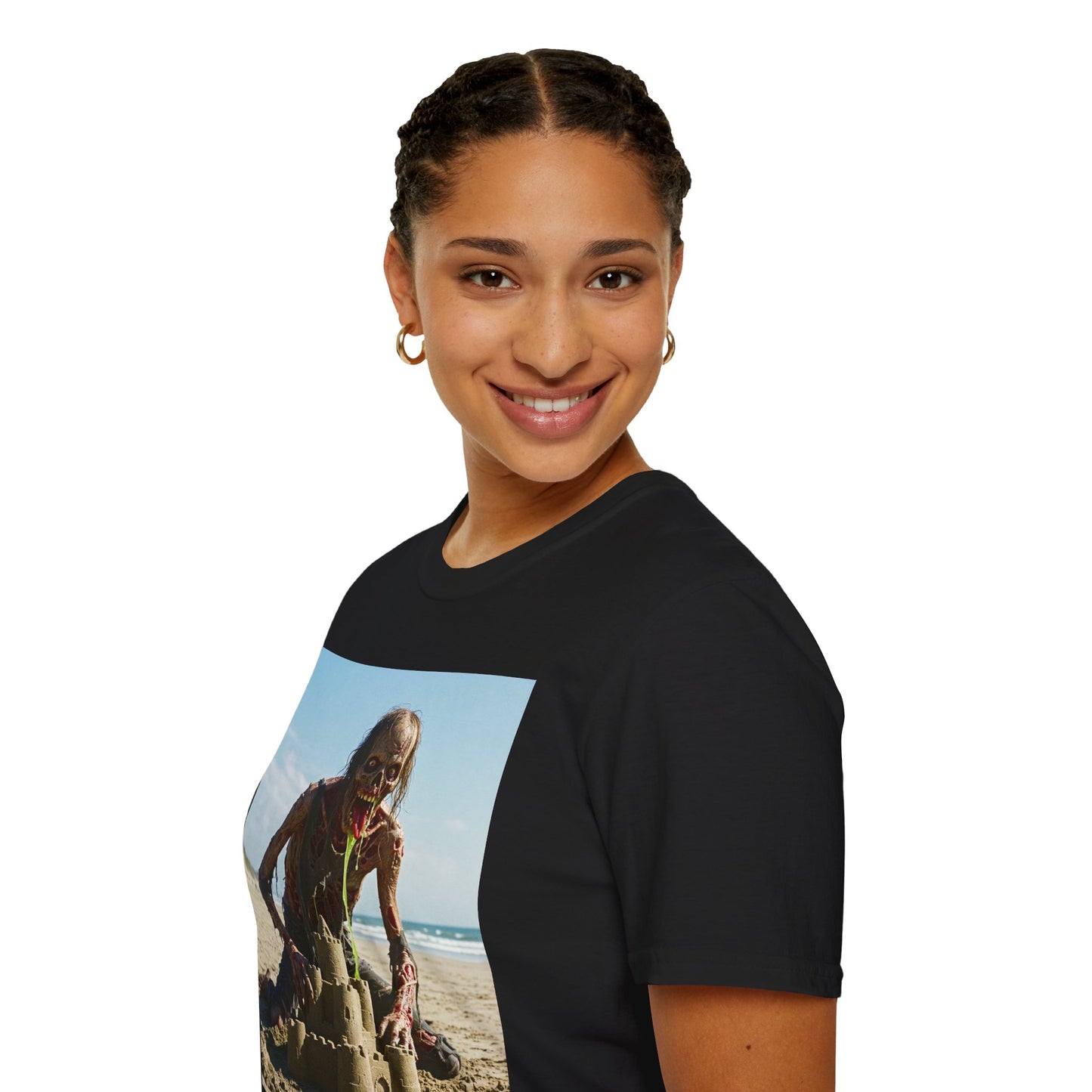 Zombie Sandcastle Unisex Softstyle T-Shirt | Fun Beach Horror Tee