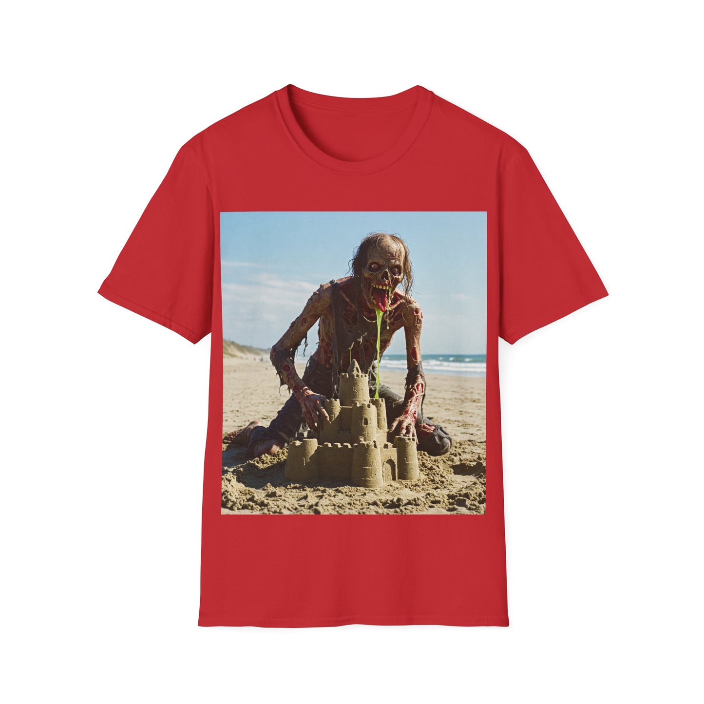 UK - Zombie Sandcastle Unisex Softstyle T-Shirt | Fun Beach Horror Tee