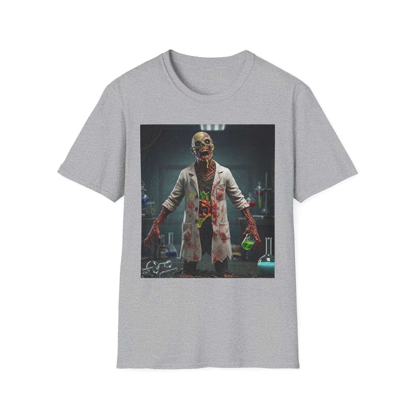Zombie Scientist Unisex Softstyle T-Shirt - Perfect for Halloween and Horror Fans