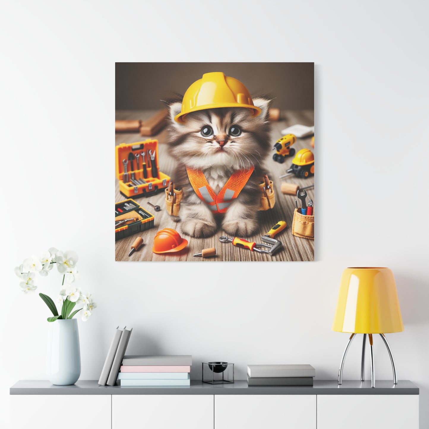 Cute Cat Construction Canvas Art - 12x12 Stretched Matte Wall Decor