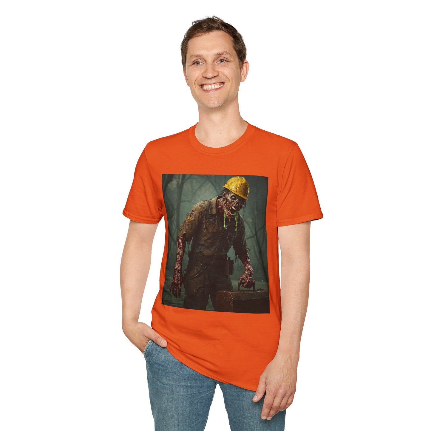 Zombie Construction Worker Unisex Softstyle T-Shirt | Spooky Halloween Apparel