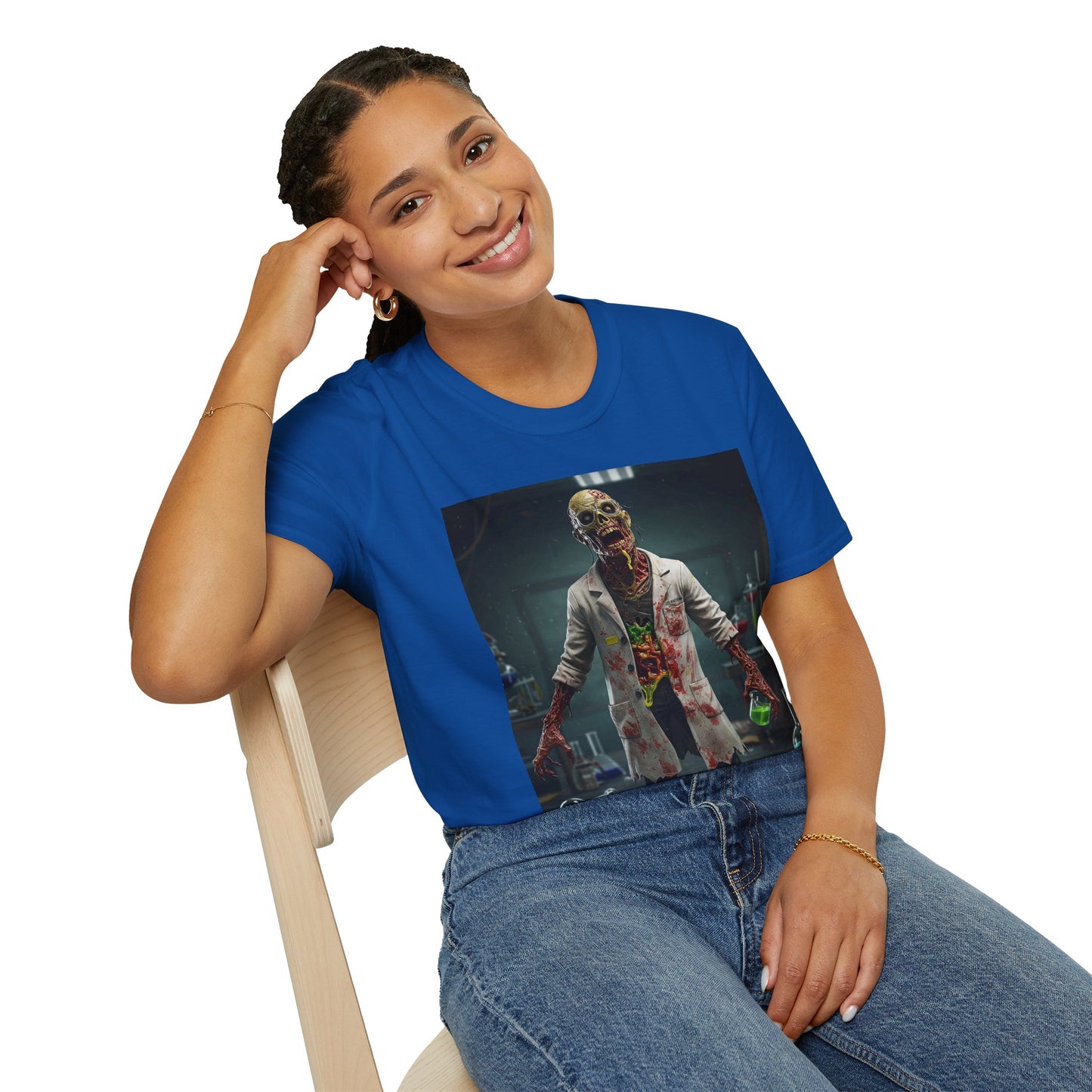 Zombie Scientist Unisex Softstyle T-Shirt - Perfect for Halloween and Horror Fans