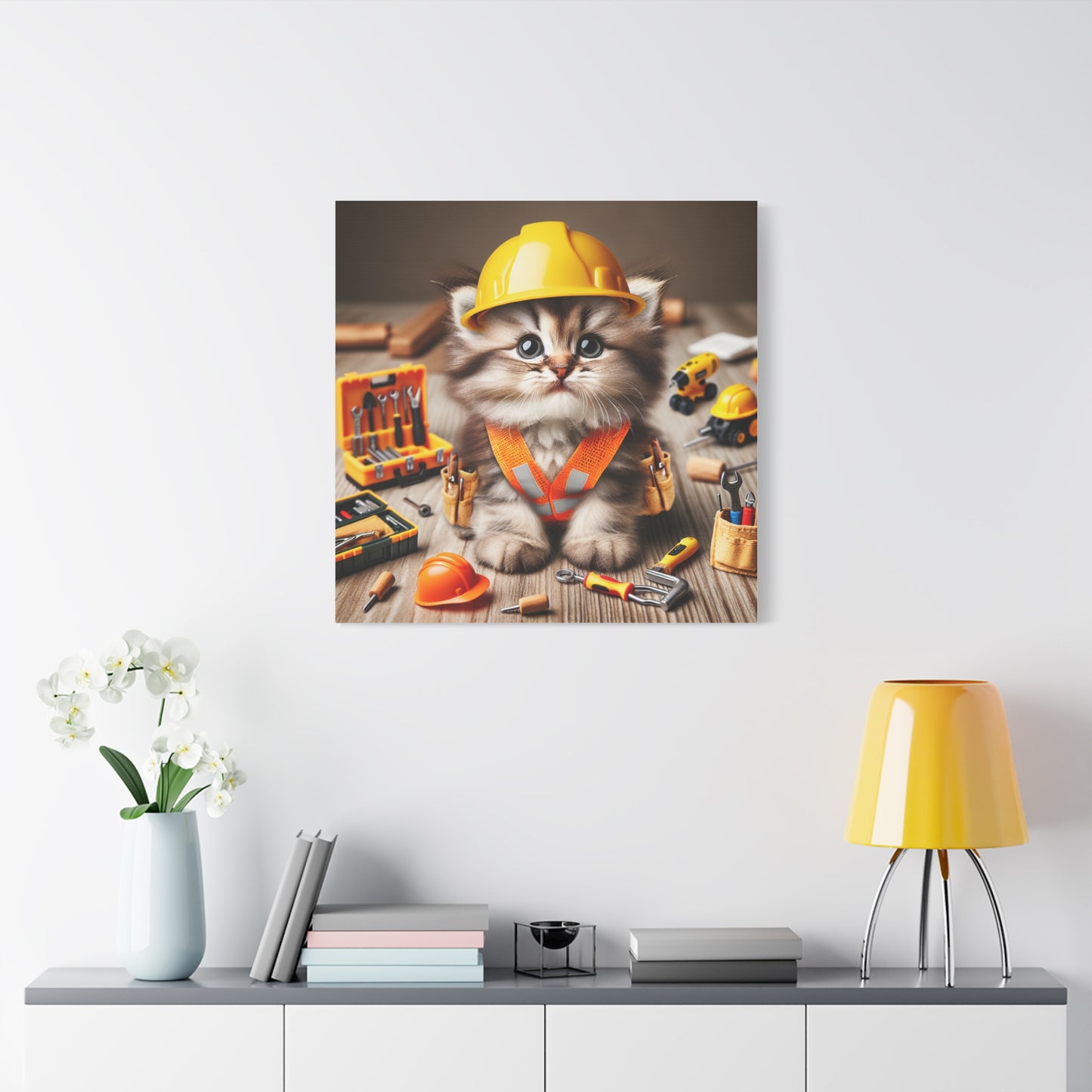 Cute Cat Construction Canvas Art - 12x12 Stretched Matte Wall Decor