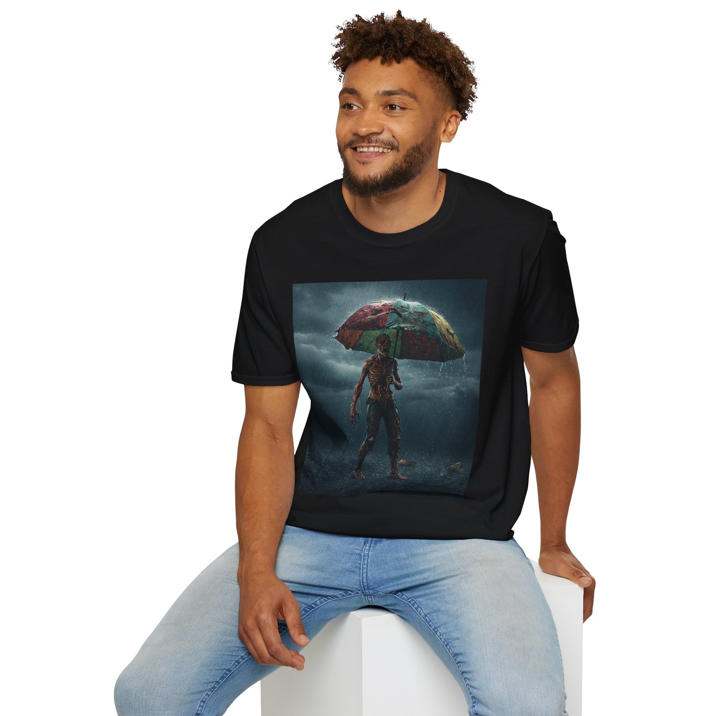 Unisex Softstyle T-Shirt - Creepy Skeleton with Umbrella Design - Perfect for Halloween