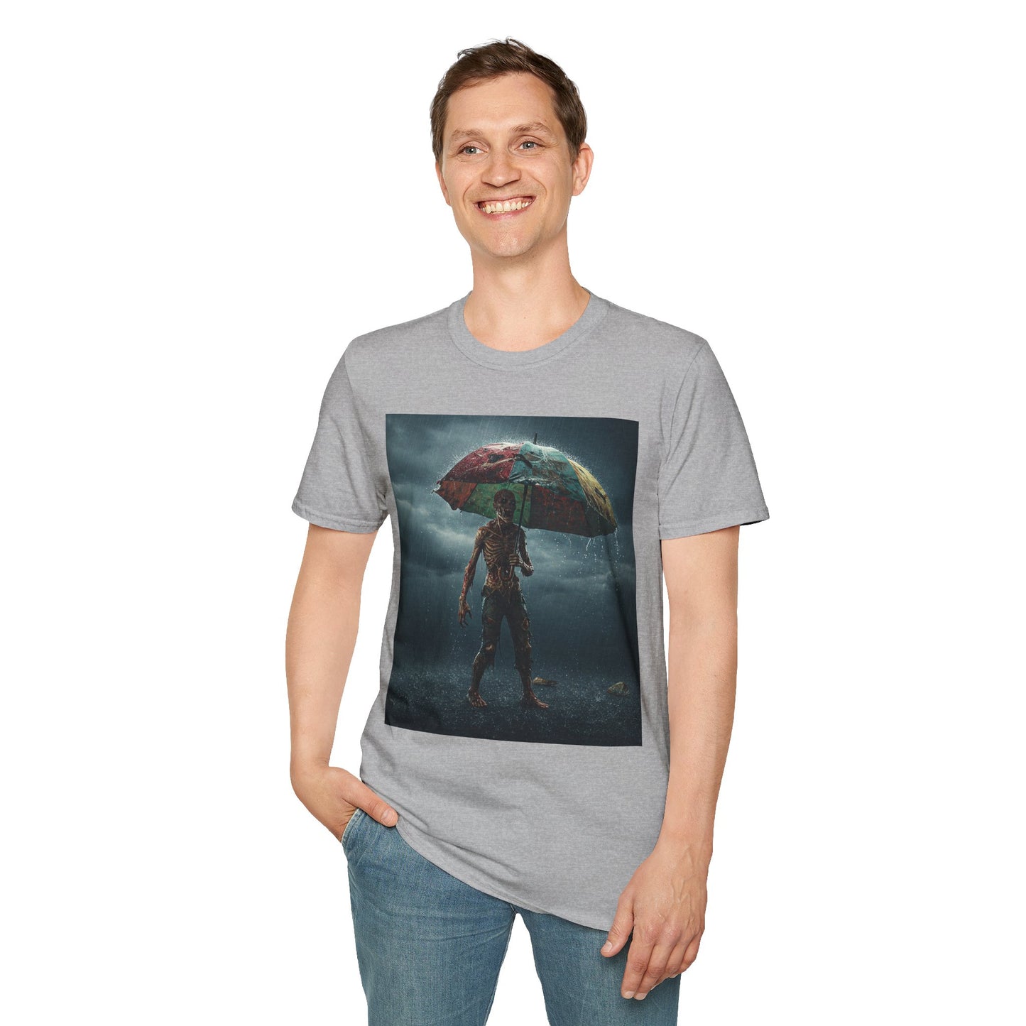 Unisex Softstyle T-Shirt - Creepy Skeleton with Umbrella Design - Perfect for Halloween