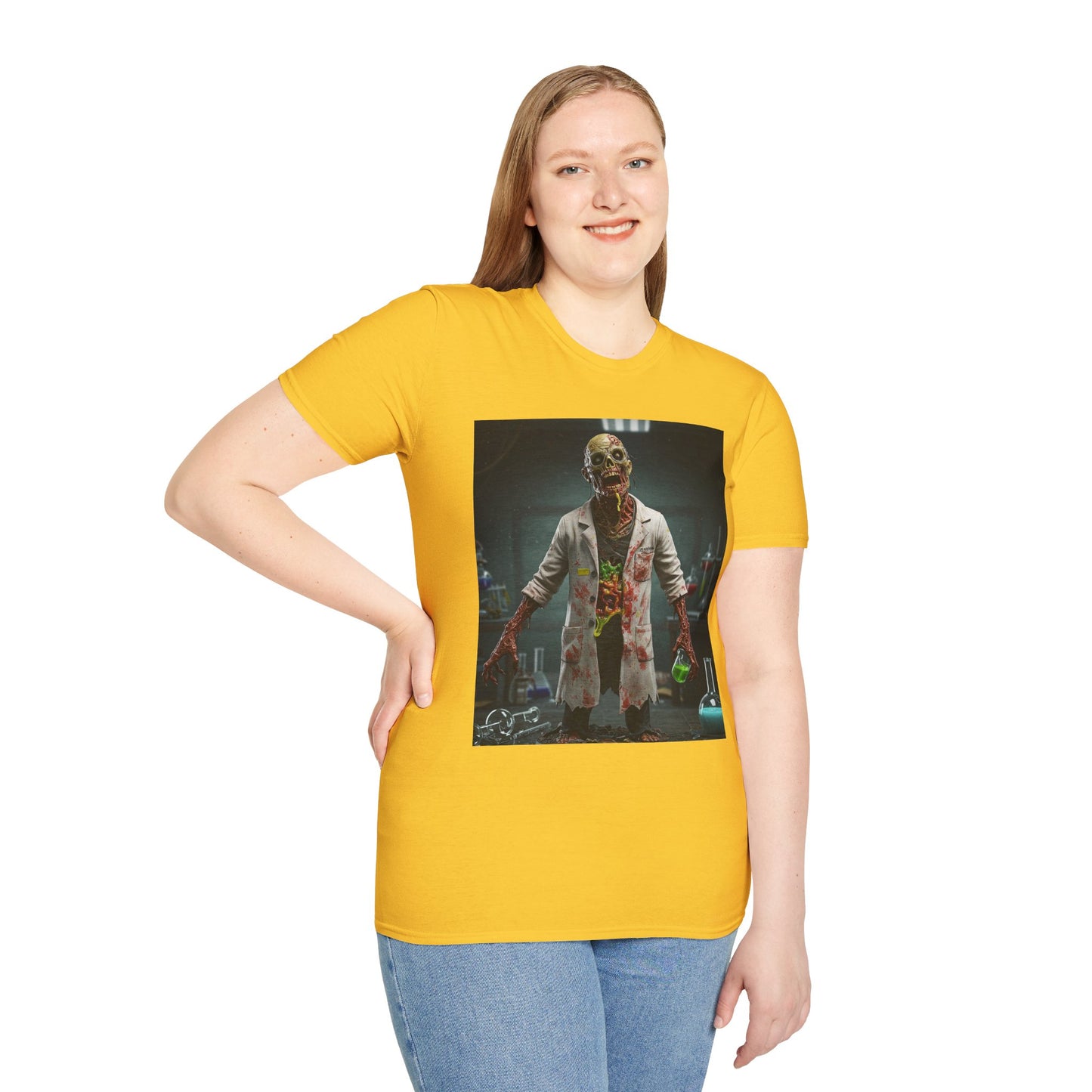 Zombie Scientist Unisex Softstyle T-Shirt - Perfect for Halloween and Horror Fans