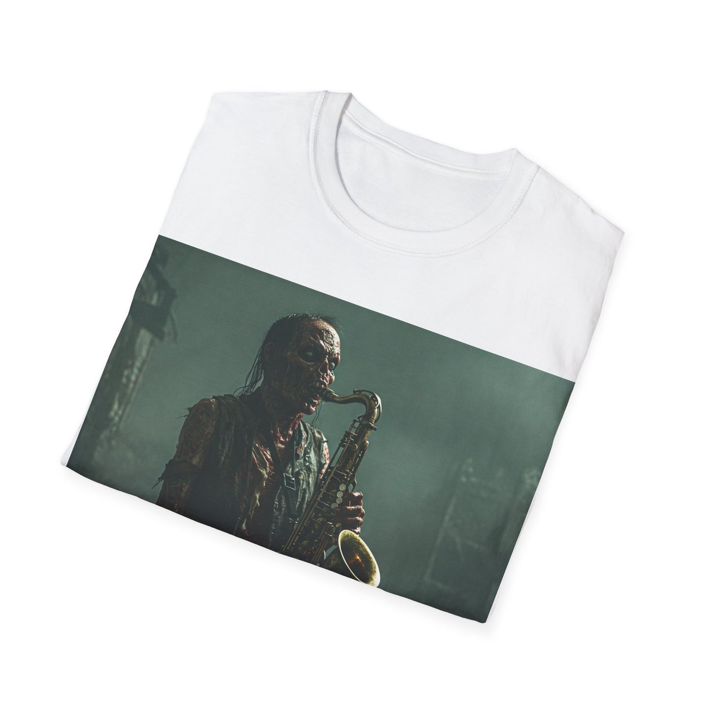 UK - Zombie Jazz Musician Apocalyptic Portrait Tee, bold, decaying zombie graphic