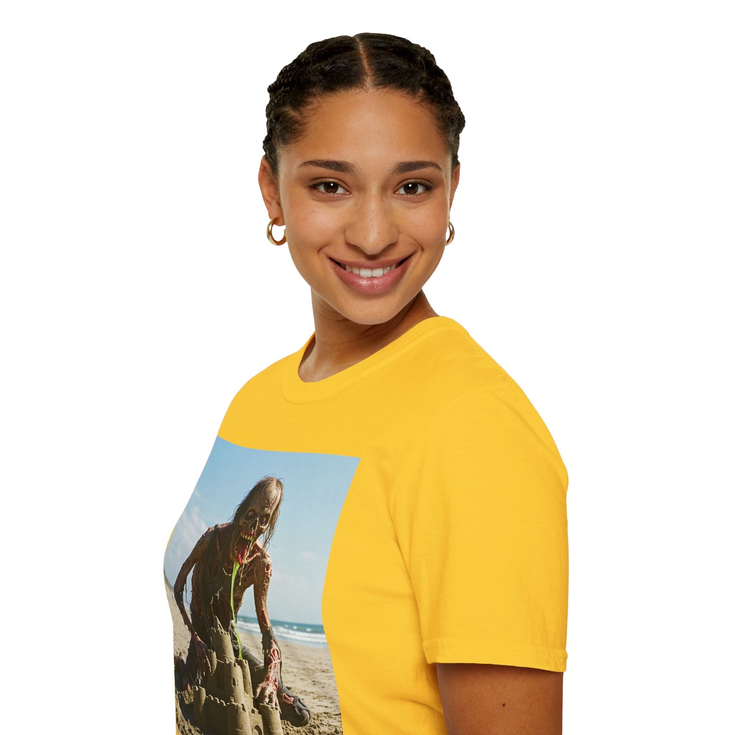 Zombie Sandcastle Unisex Softstyle T-Shirt | Fun Beach Horror Tee