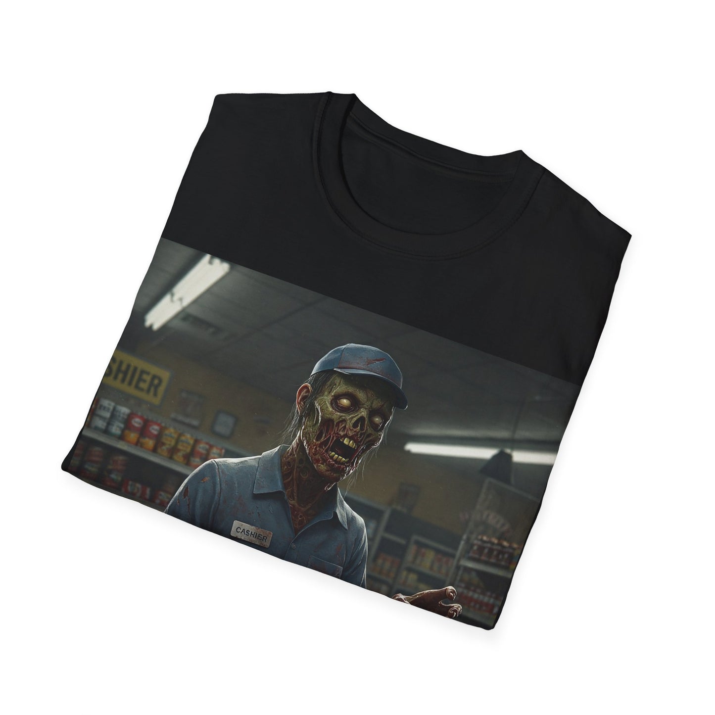 UK - Horror-Inspired Unisex Softstyle T-Shirt - Creepy Grocery Clerk Design