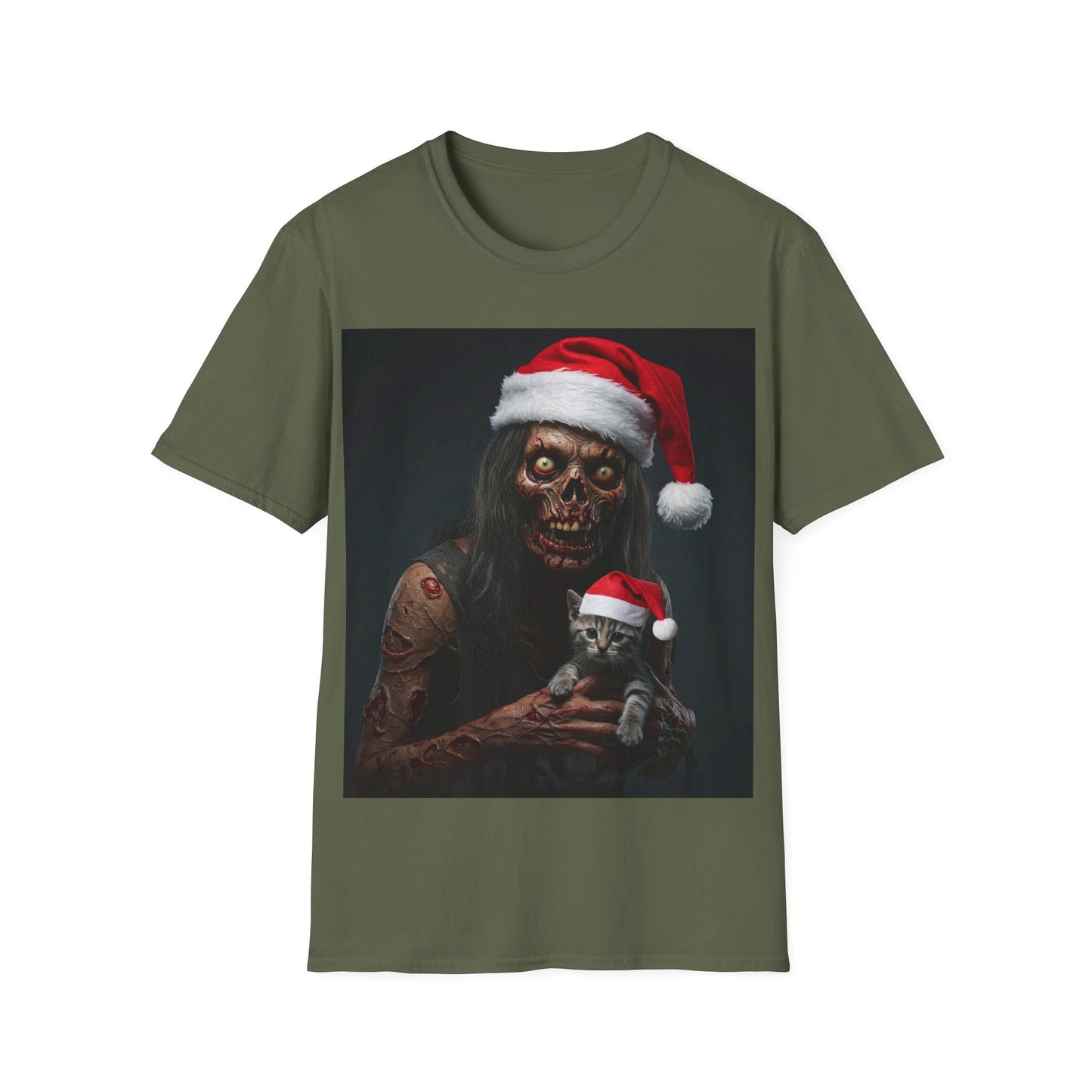 UK - Festive Zombie and Cat Apocalyptic Portrait Tee, bold, decaying zombie graphic
