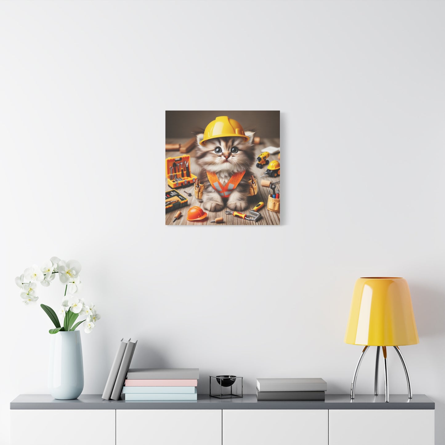 Cute Cat Construction Canvas Art - 12x12 Stretched Matte Wall Decor