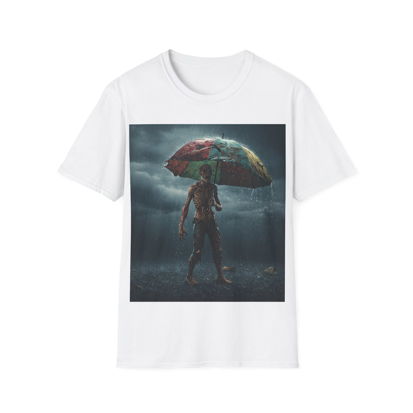 UK - Unisex Softstyle T-Shirt - Creepy Skeleton with Umbrella Design - Perfect for Halloween