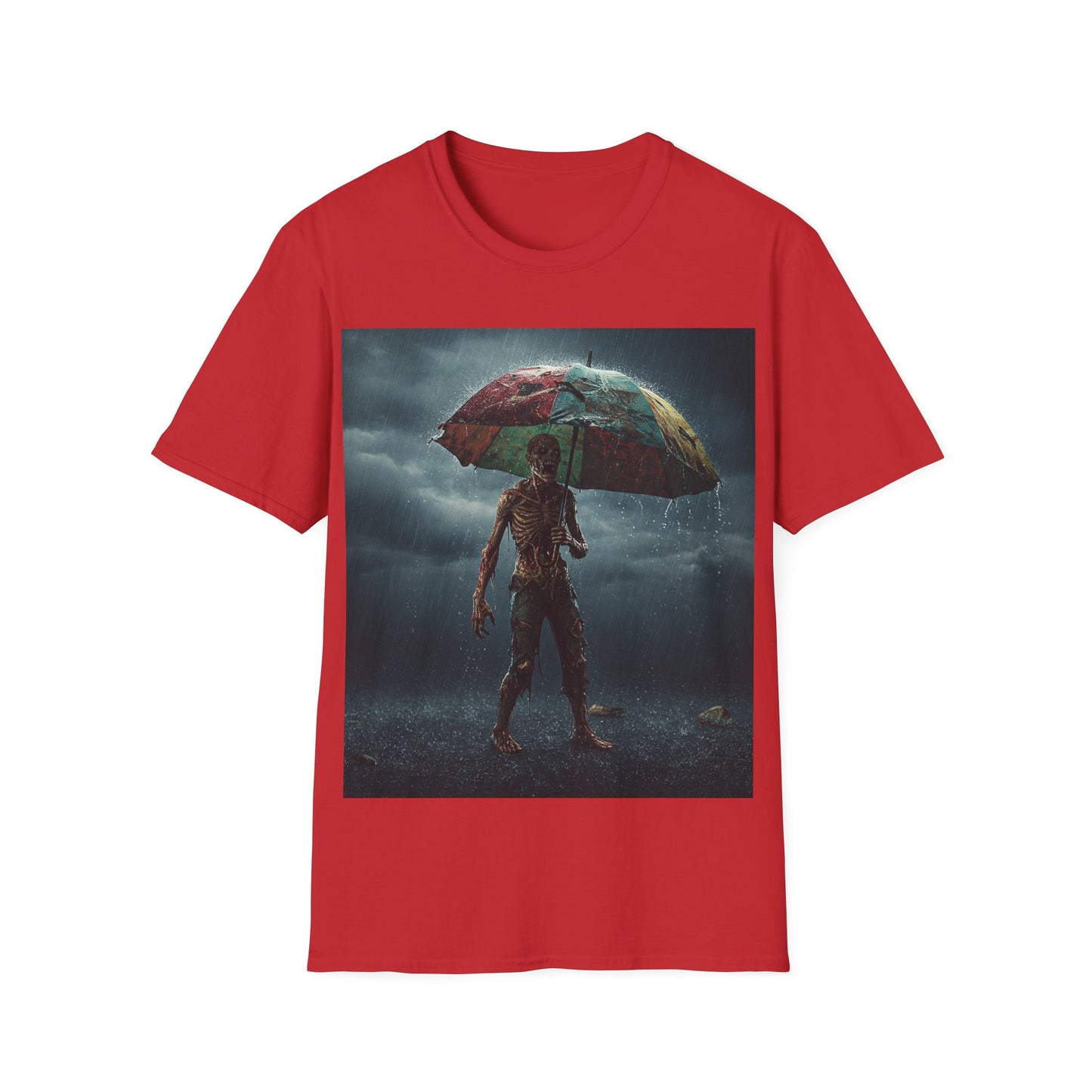 UK - Unisex Softstyle T-Shirt - Creepy Skeleton with Umbrella Design - Perfect for Halloween
