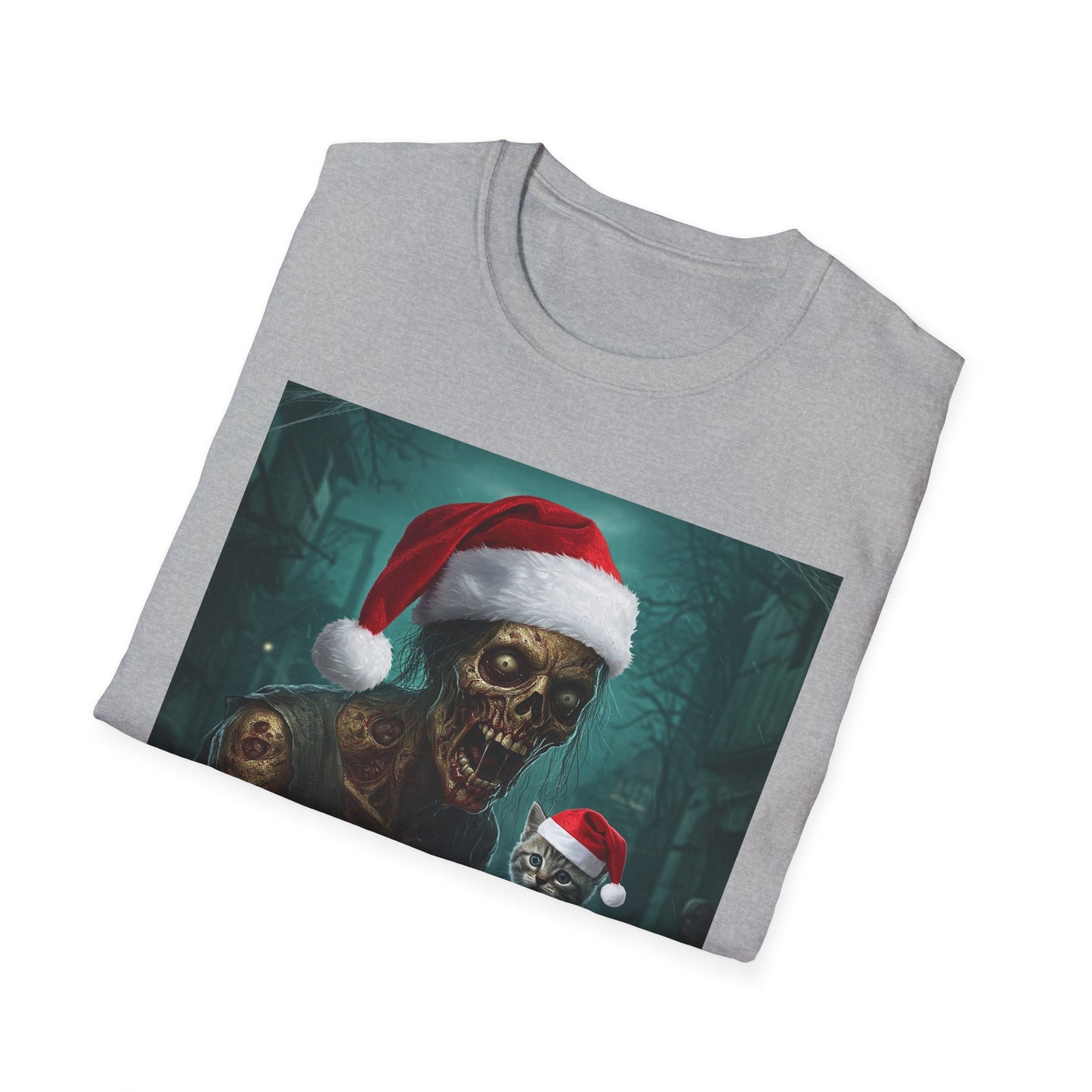 Cat Funny Santa Skeleton Apocalyptic Portrait Tee, bold, decaying zombie graphic