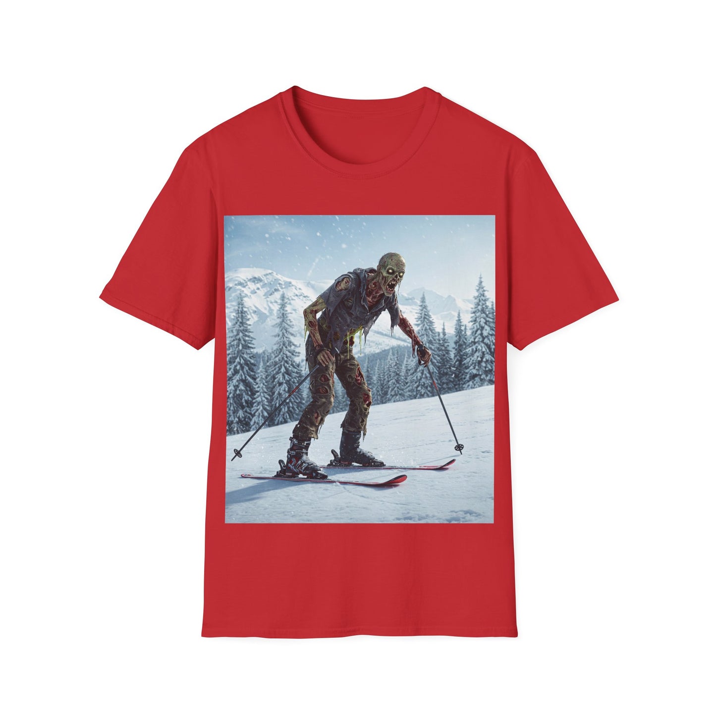 UK - Skiing Zombie Unisex Softstyle T-Shirt - Perfect for Winter Fun & Halloween Enthusiasts