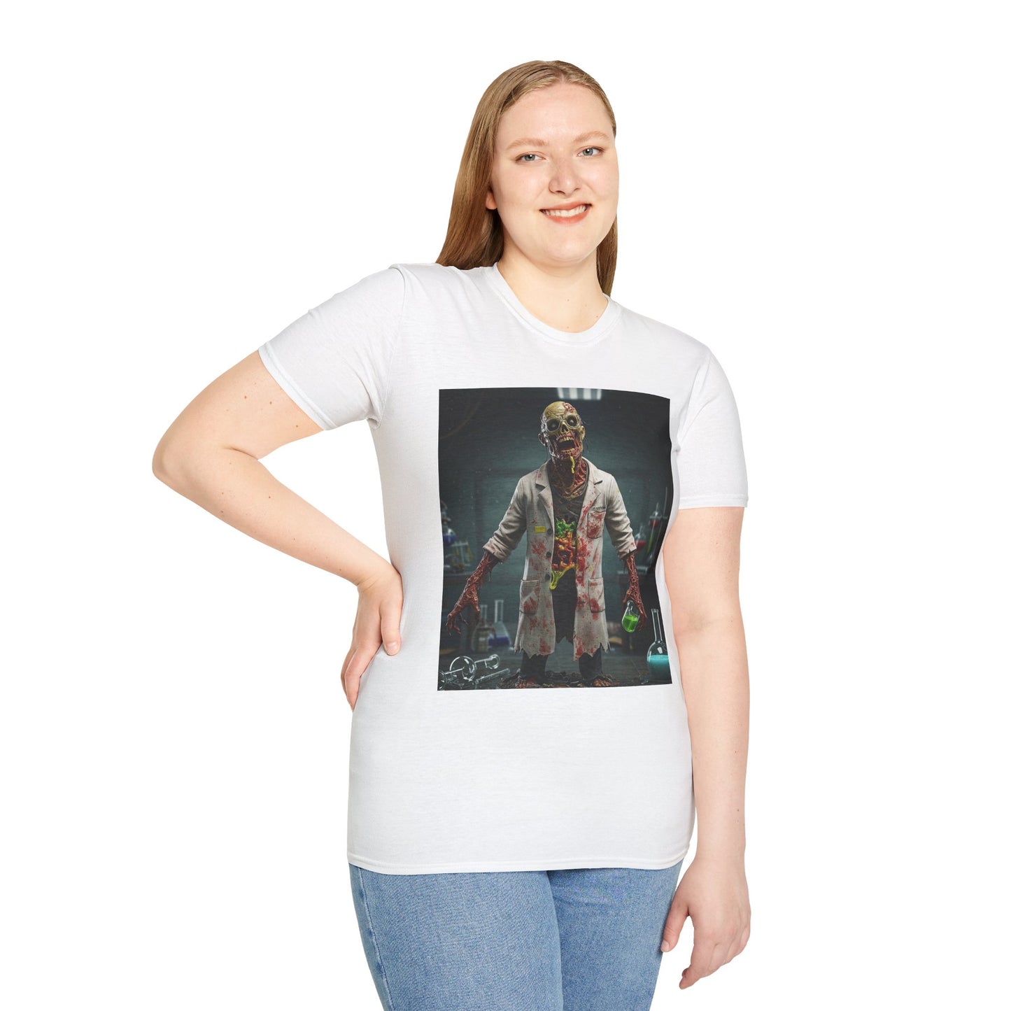 Zombie Scientist Unisex Softstyle T-Shirt - Perfect for Halloween and Horror Fans