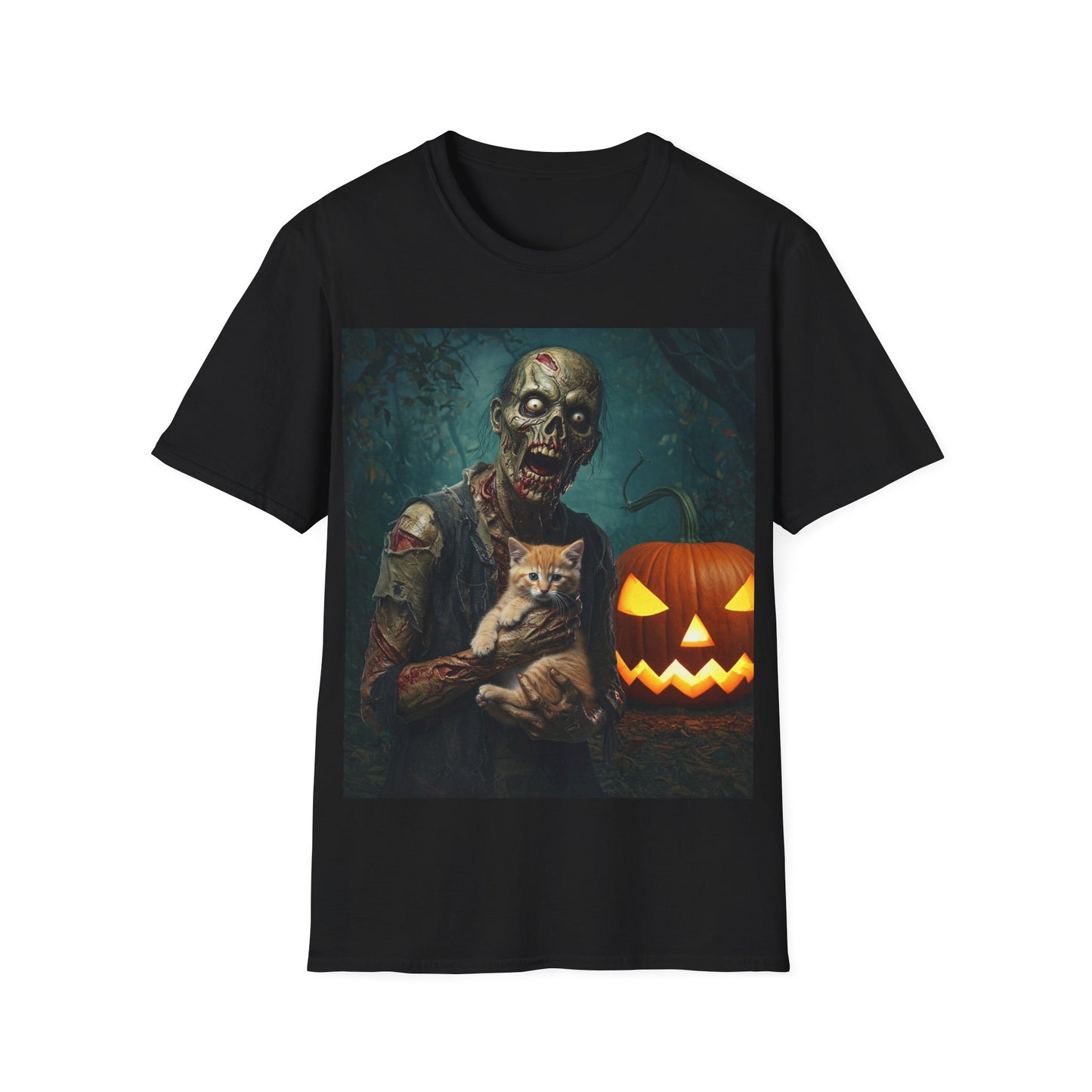 UK - Spooky Cat and Zombie Unisex Softstyle T-Shirt for Halloween