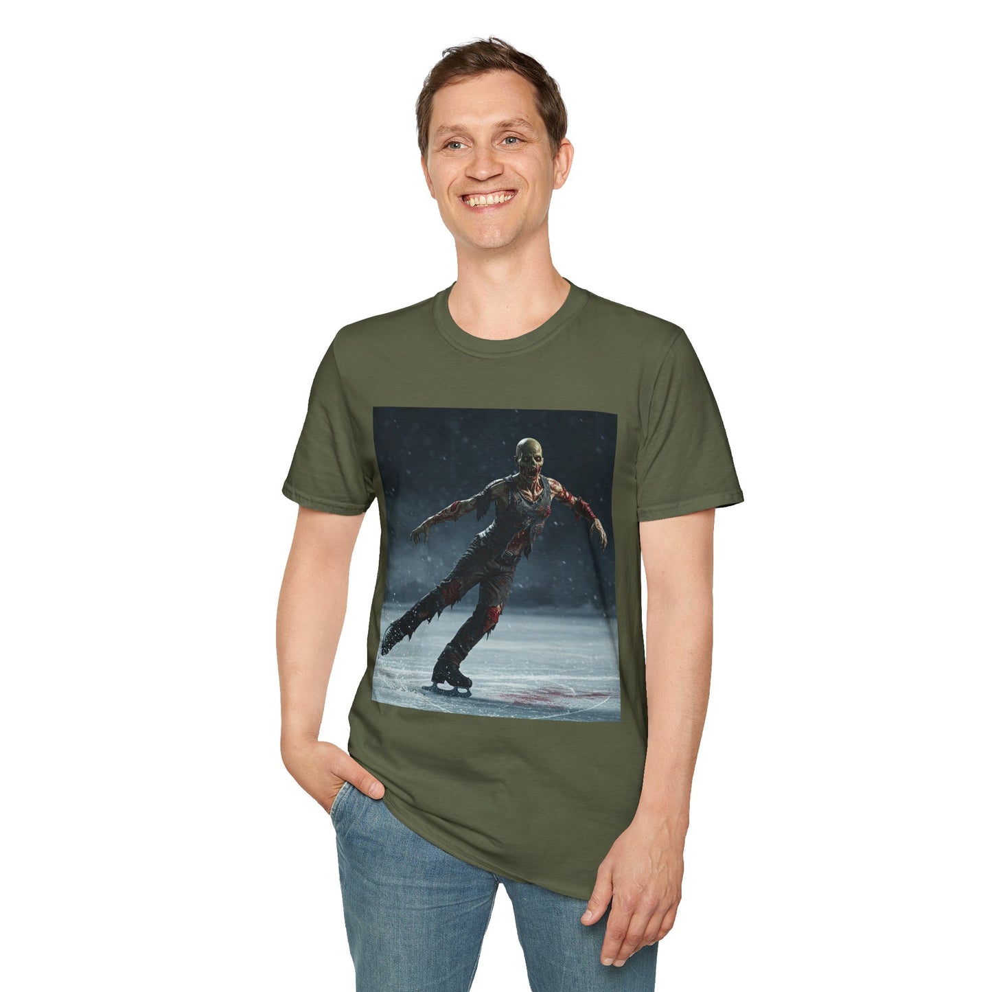 Chilling Thriller Unisex Softstyle T-Shirt - Ice Skating Horror Design