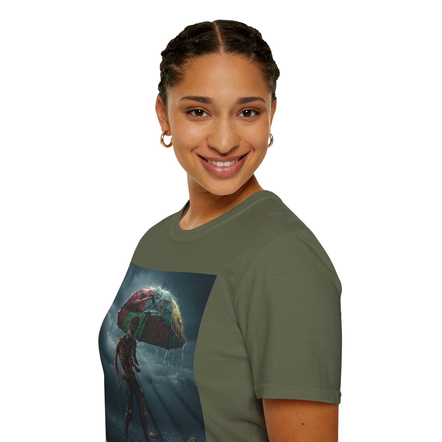 Unisex Softstyle T-Shirt - Creepy Skeleton with Umbrella Design - Perfect for Halloween