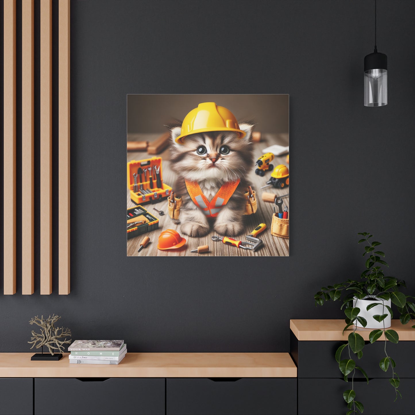Cute Cat Construction Canvas Art - 12x12 Stretched Matte Wall Decor