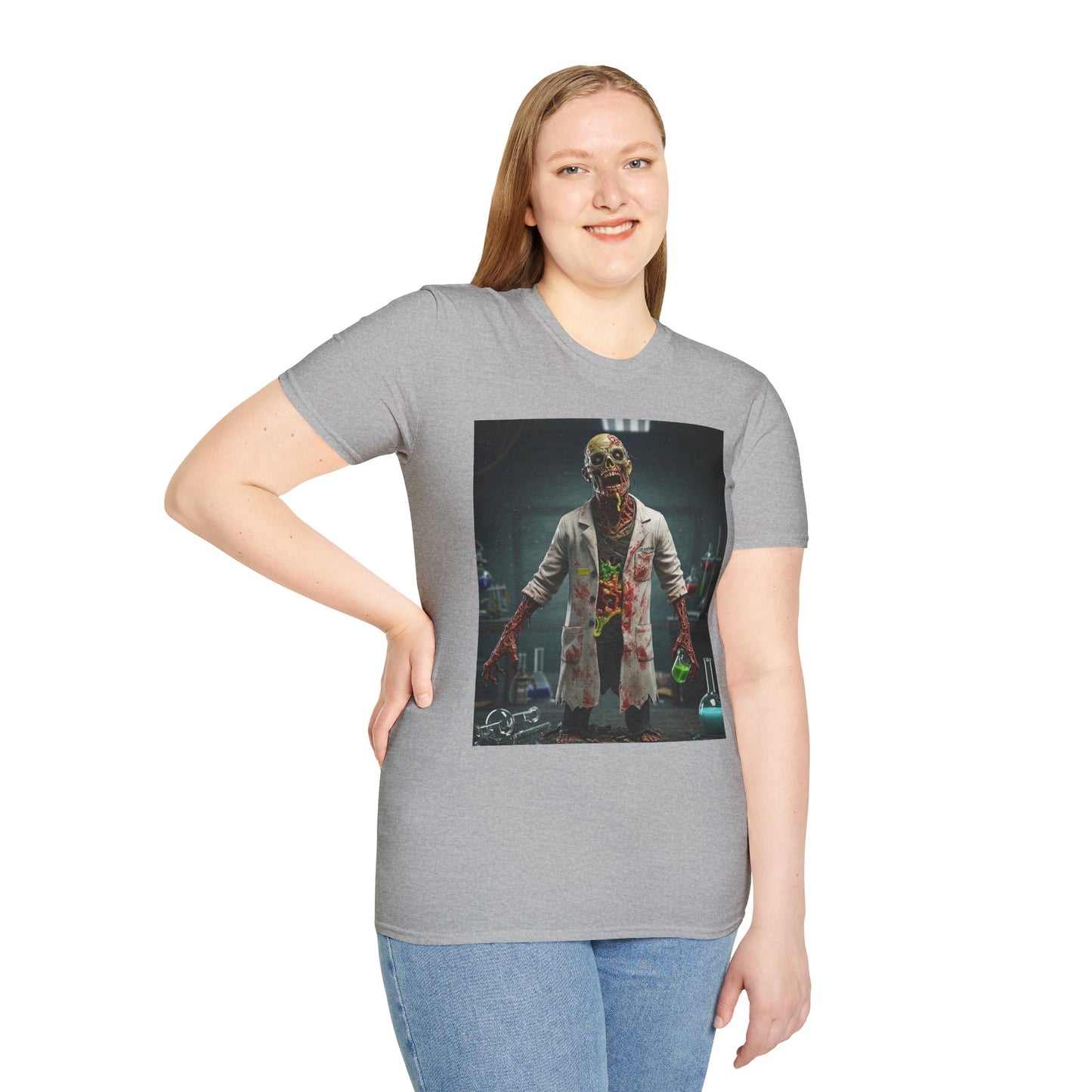 Zombie Scientist Unisex Softstyle T-Shirt - Perfect for Halloween and Horror Fans