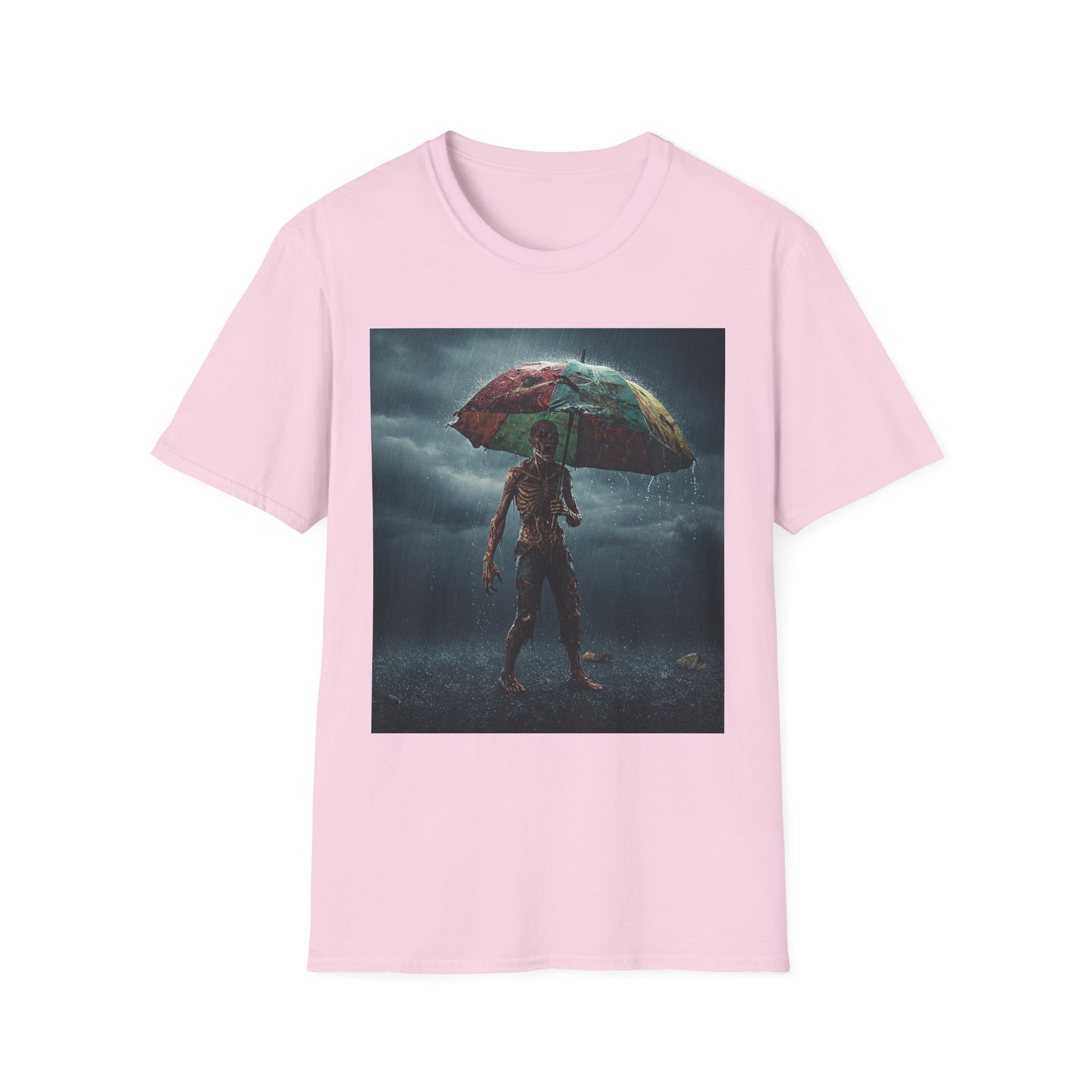 Unisex Softstyle T-Shirt - Creepy Skeleton with Umbrella Design - Perfect for Halloween