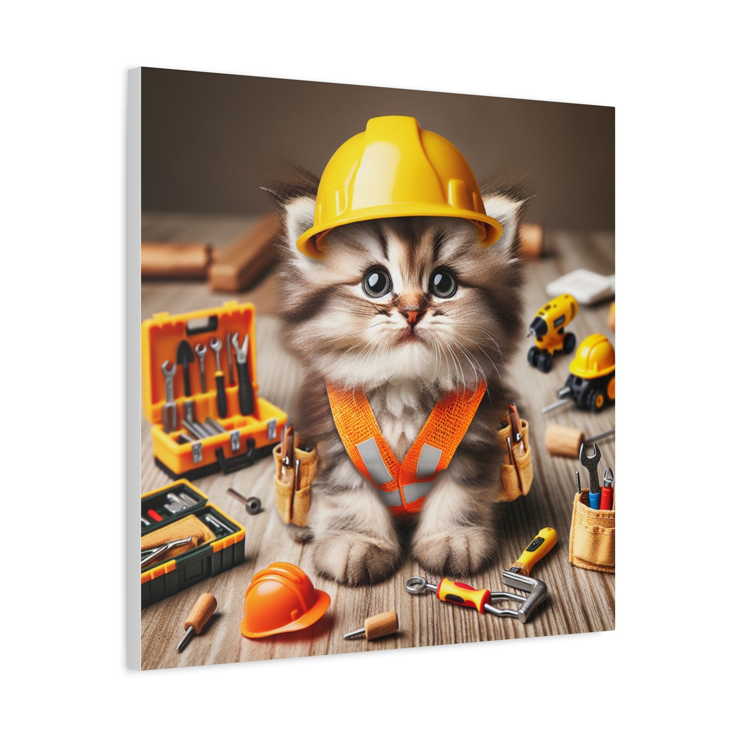 Cute Cat Construction Canvas Art - 12x12 Stretched Matte Wall Decor