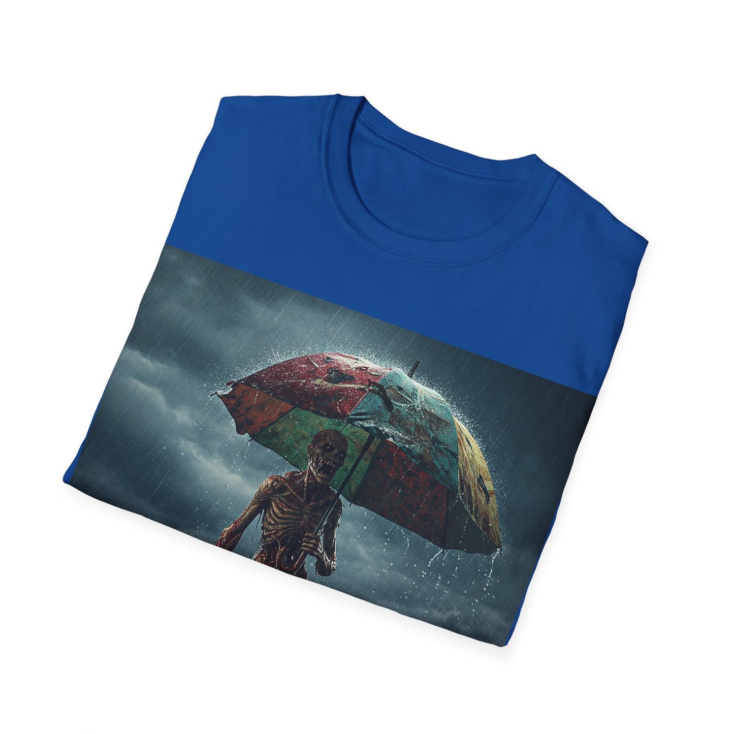 UK - Unisex Softstyle T-Shirt - Creepy Skeleton with Umbrella Design - Perfect for Halloween