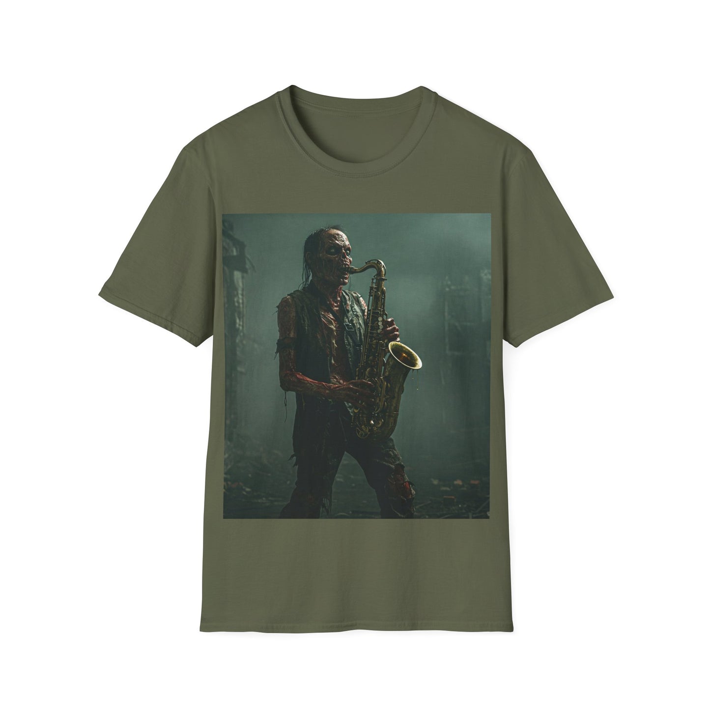 UK - Zombie Jazz Musician Apocalyptic Portrait Tee, bold, decaying zombie graphic