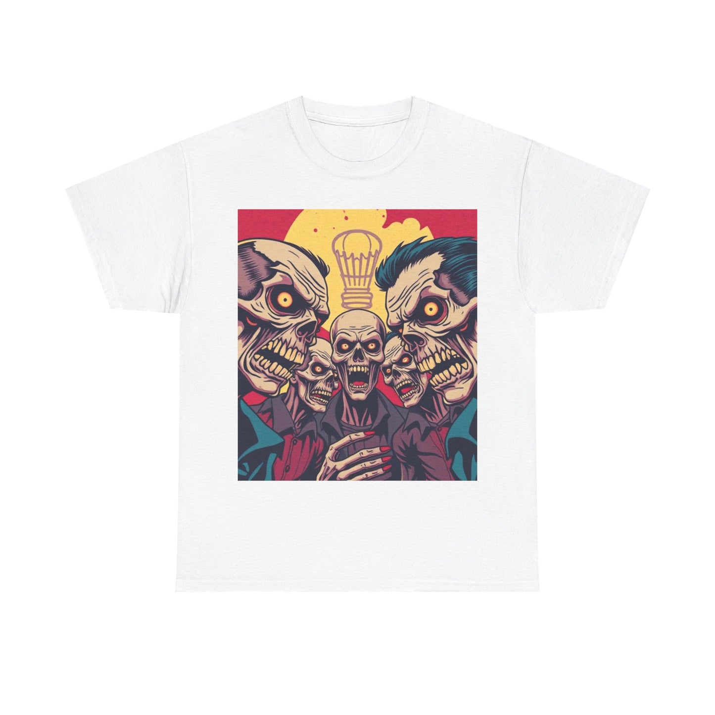 UK - Graphic Unisex Heavy Cotton Tee - Skull & Zombie Design, Perfect for Halloween and Horror Fans