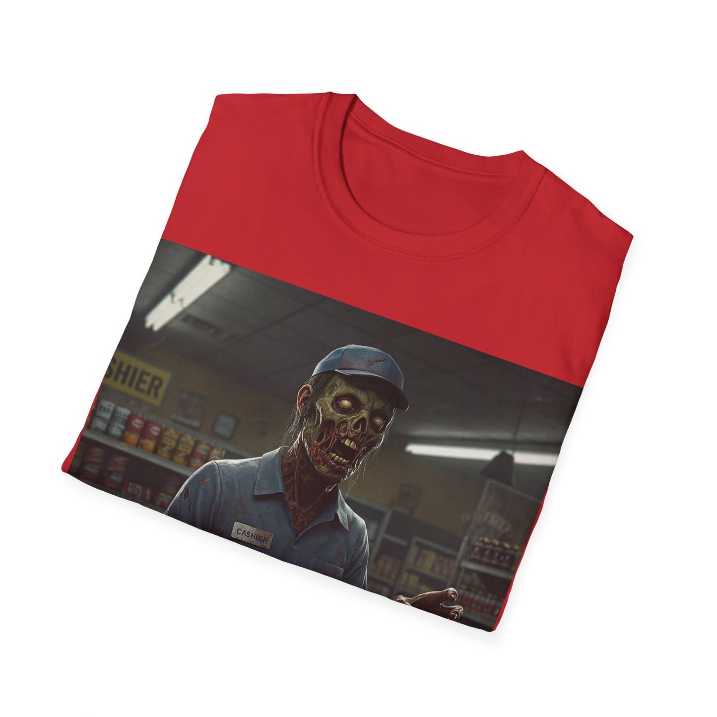 UK - Horror-Inspired Unisex Softstyle T-Shirt - Creepy Grocery Clerk Design