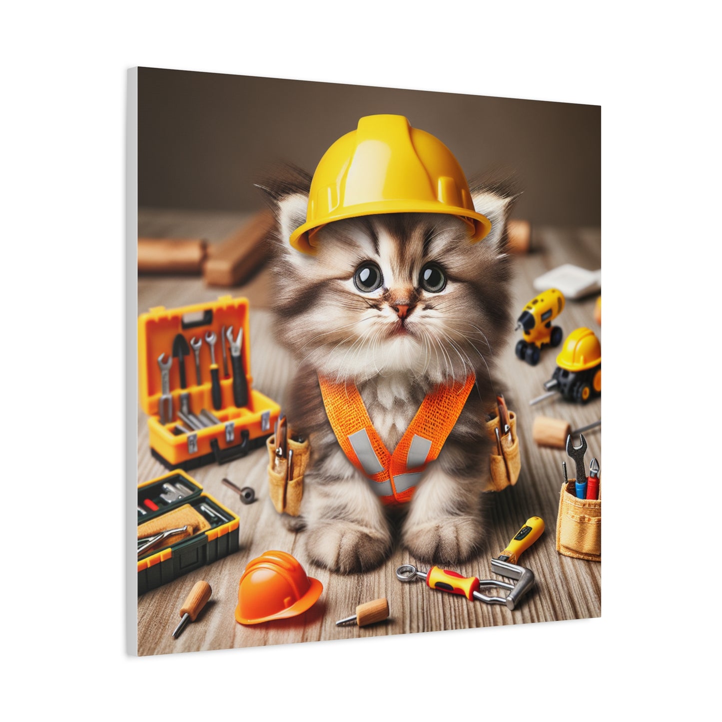 Cute Cat Construction Canvas Art - 12x12 Stretched Matte Wall Decor