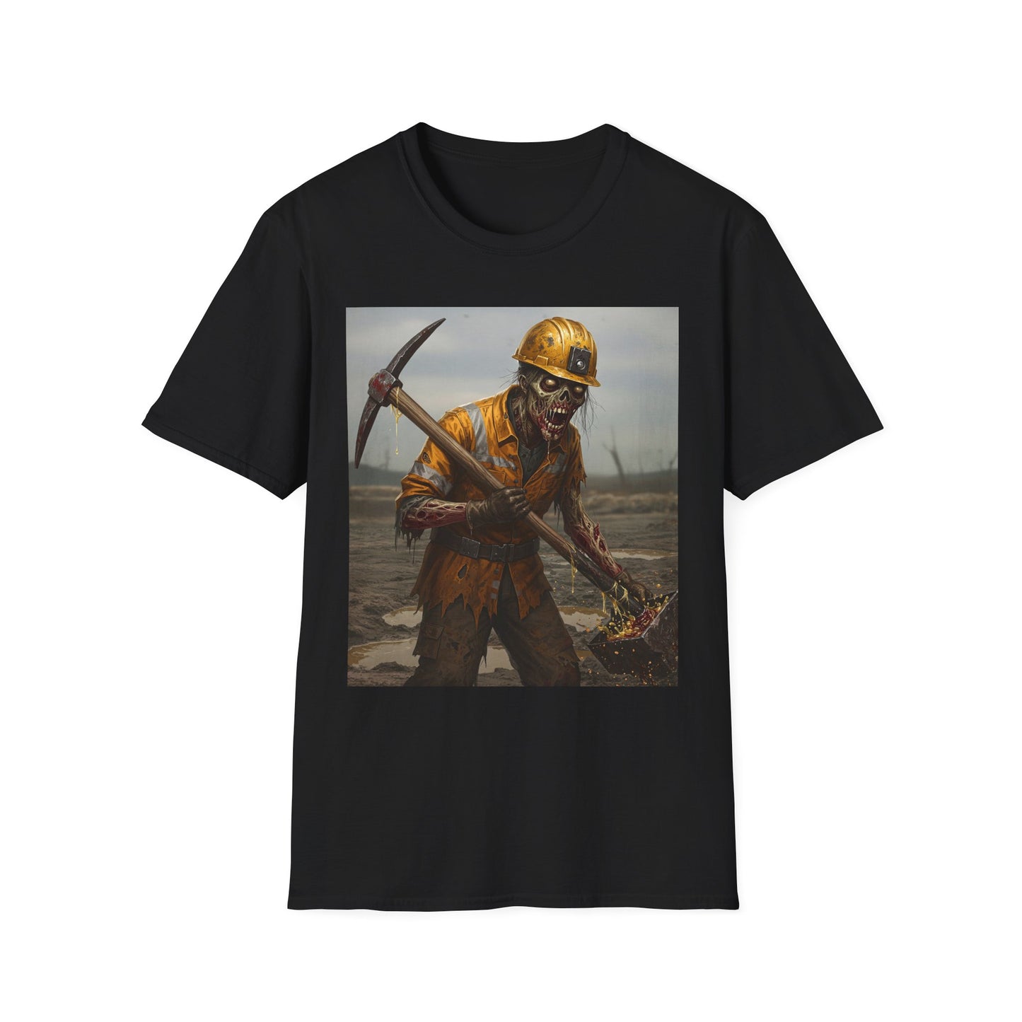 Zombie Miner Unisex Softstyle T-Shirt | Spooky Graphic Tee for Horror Fans
