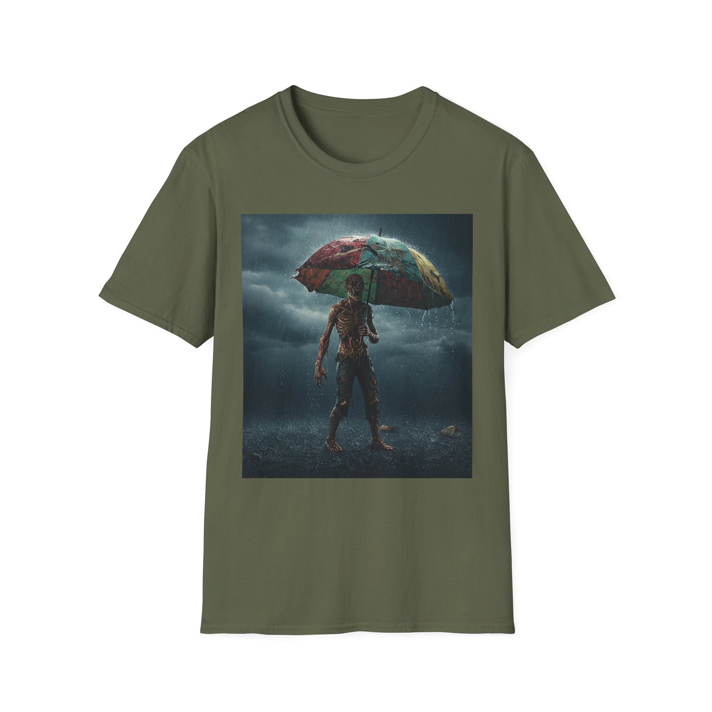 Unisex Softstyle T-Shirt - Creepy Skeleton with Umbrella Design - Perfect for Halloween