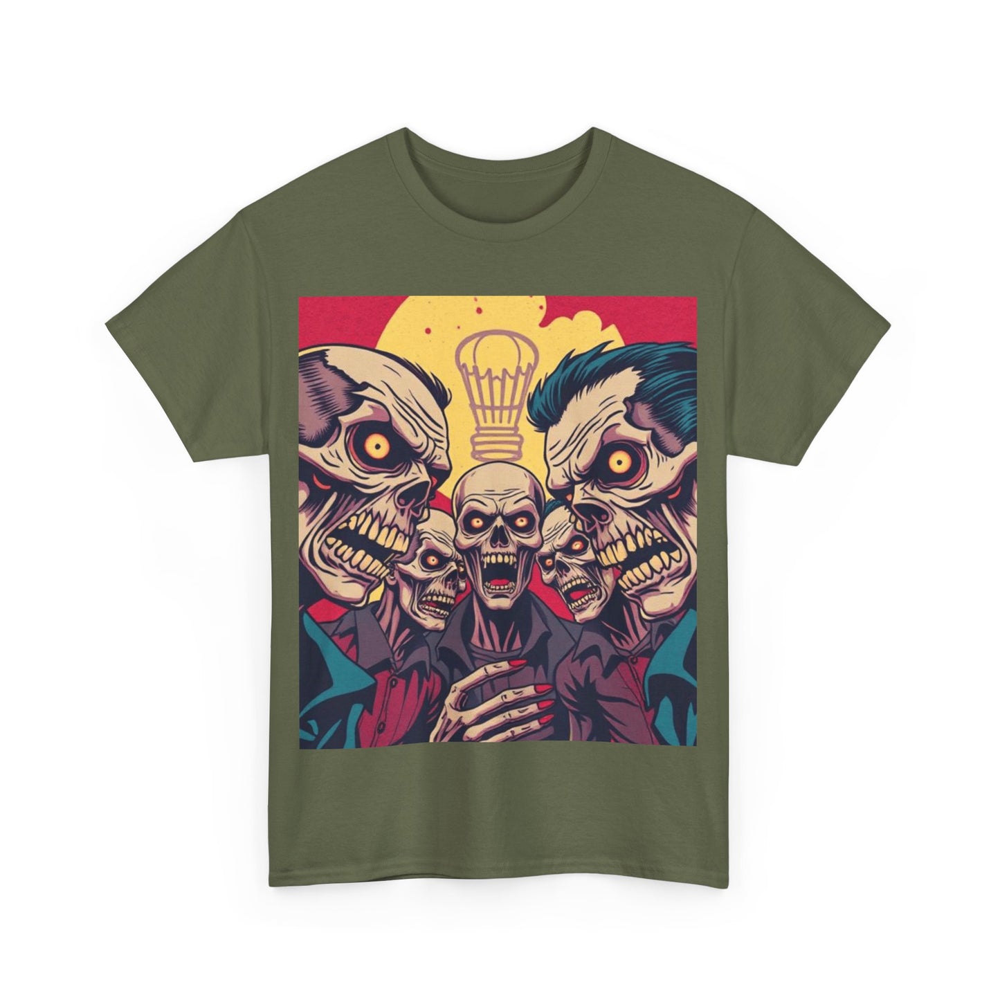 UK - Graphic Unisex Heavy Cotton Tee - Skull & Zombie Design, Perfect for Halloween and Horror Fans