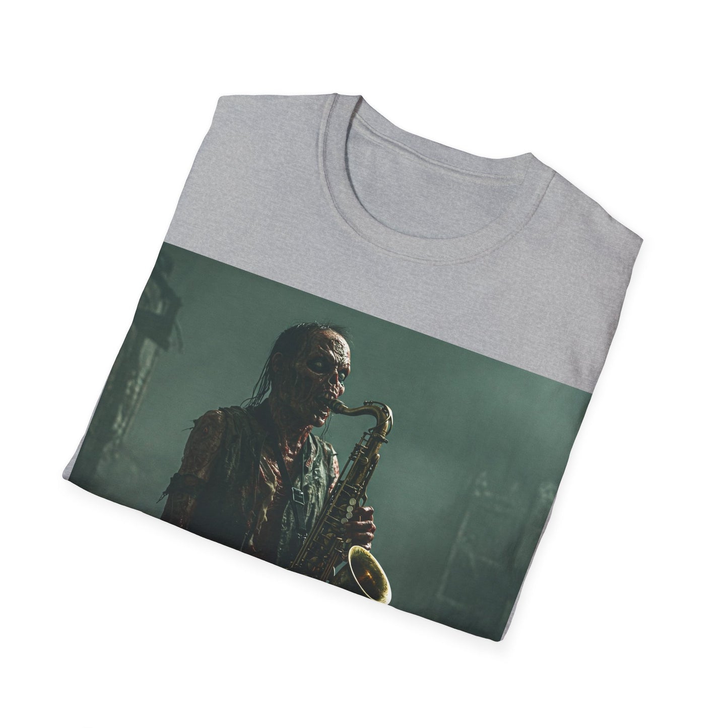 UK - Zombie Jazz Musician Apocalyptic Portrait Tee, bold, decaying zombie graphic