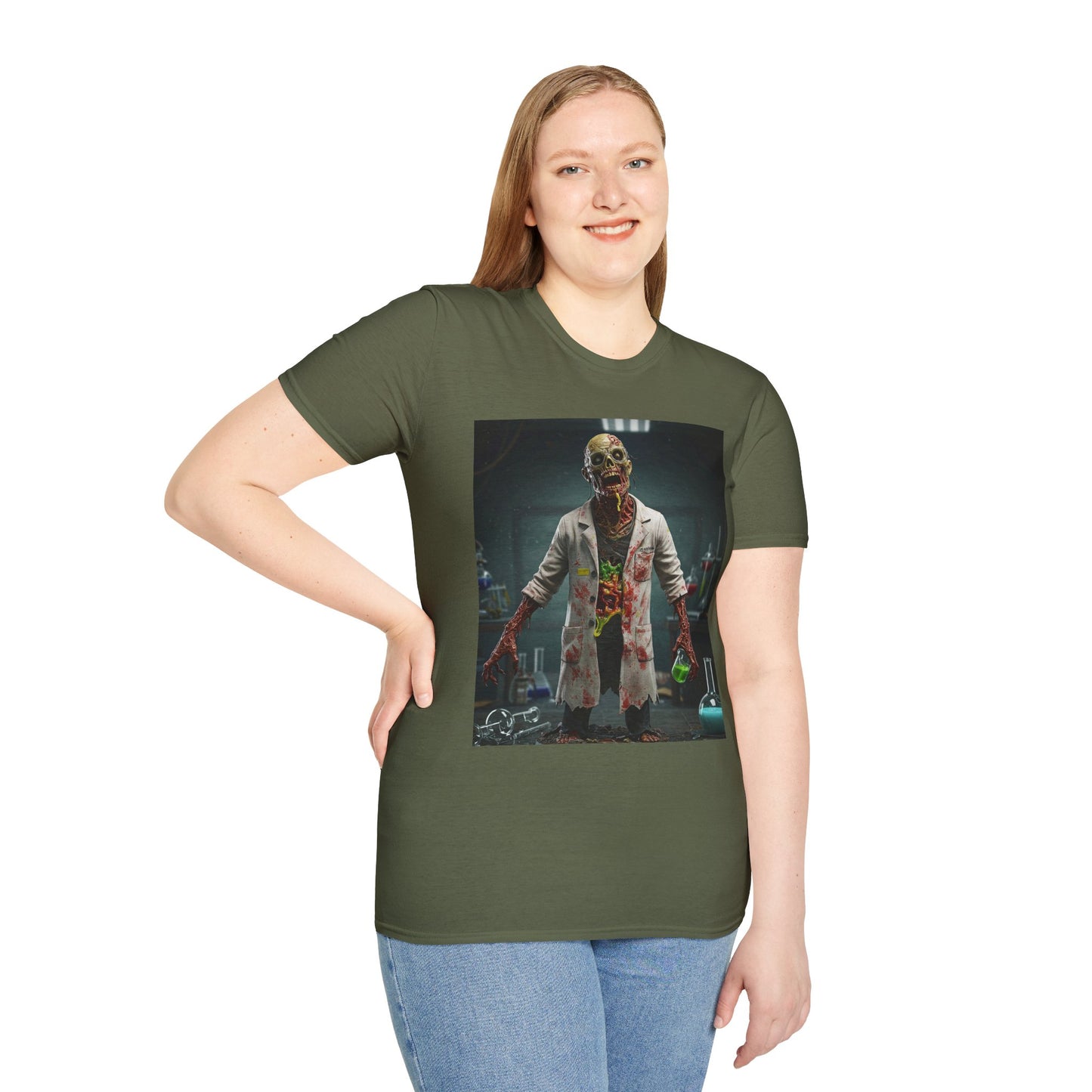 Zombie Scientist Unisex Softstyle T-Shirt - Perfect for Halloween and Horror Fans