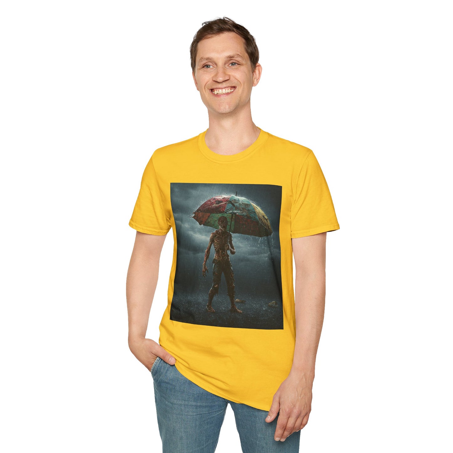Unisex Softstyle T-Shirt - Creepy Skeleton with Umbrella Design - Perfect for Halloween