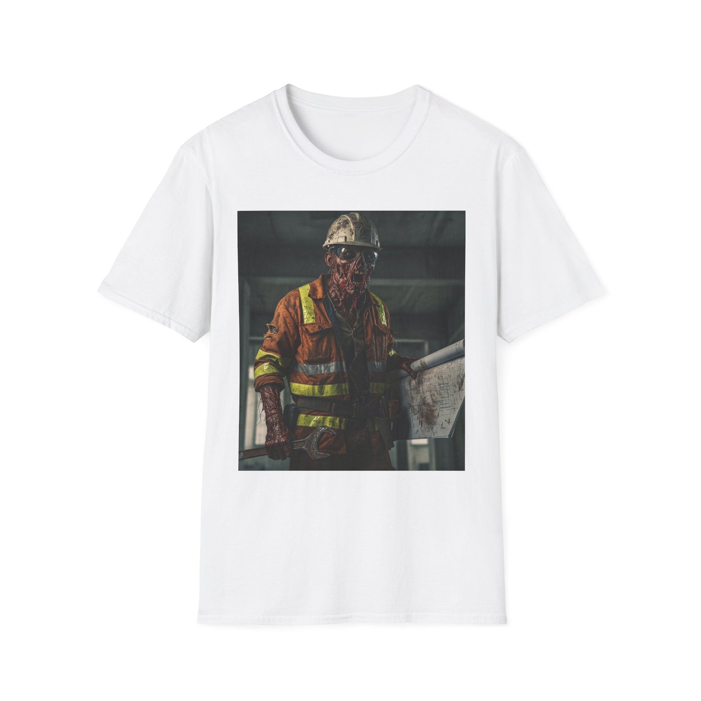 Creepy Construction Worker Graphic Tee | Unisex Softstyle T-Shirt | Perfect for Halloween and Horror Fans