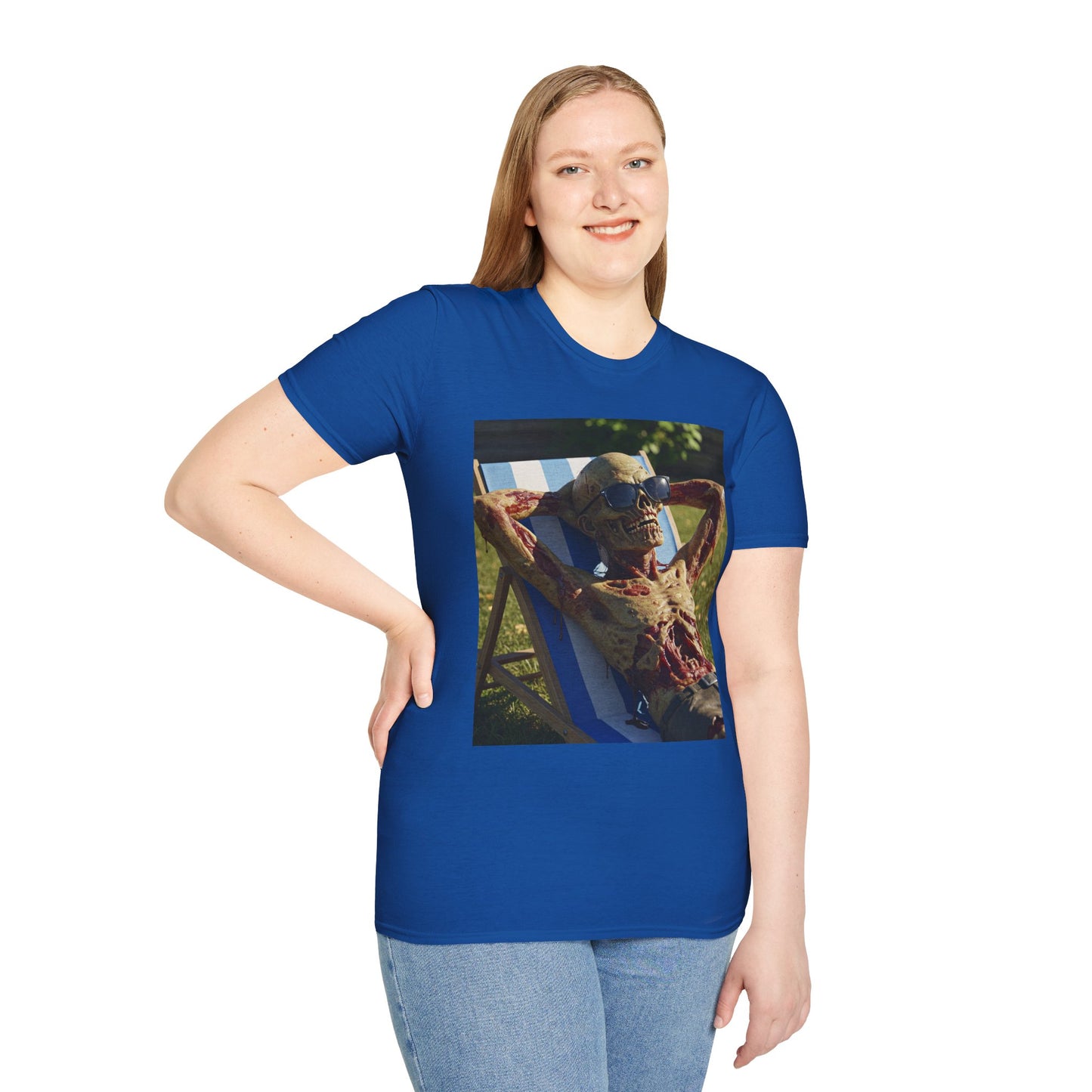 Chillin' Skeleton Unisex Softstyle T-Shirt | Funny Skeleton Beach Tee