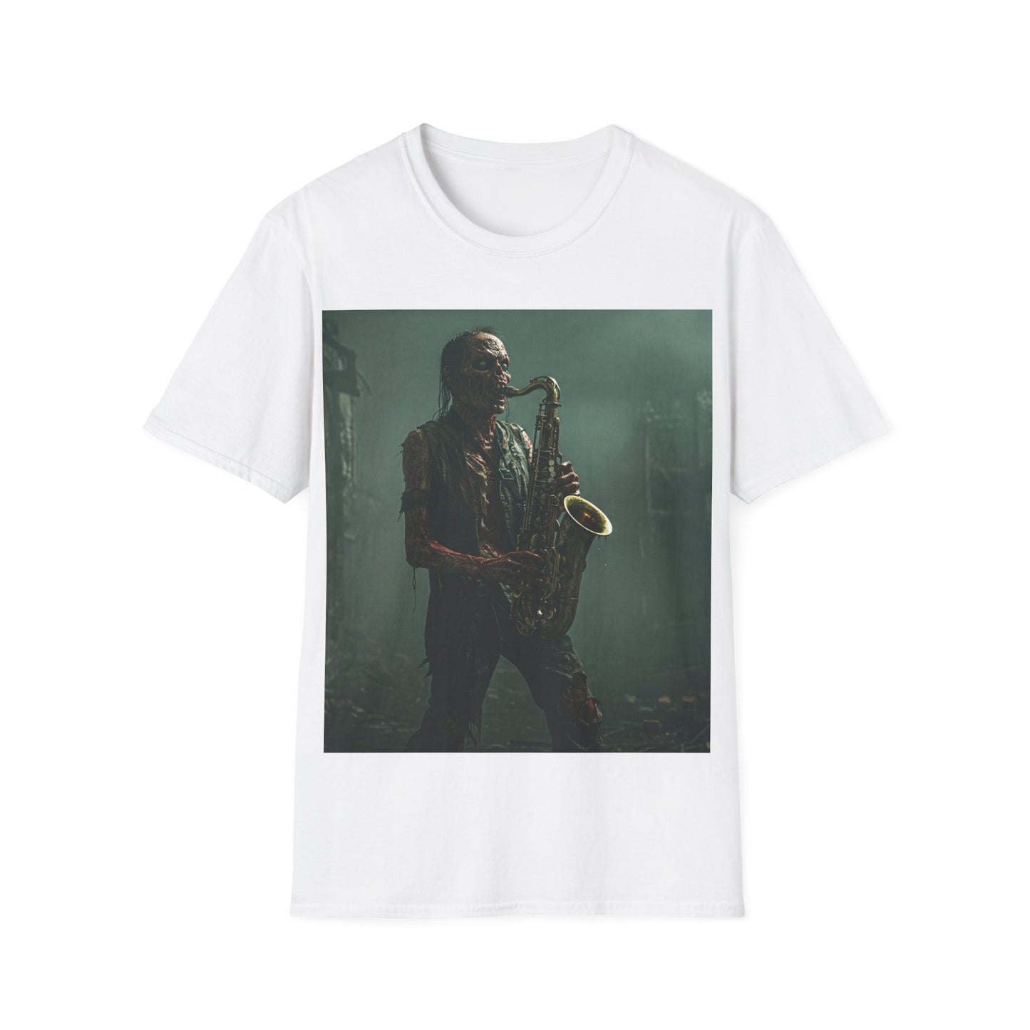 UK - Zombie Jazz Musician Apocalyptic Portrait Tee, bold, decaying zombie graphic