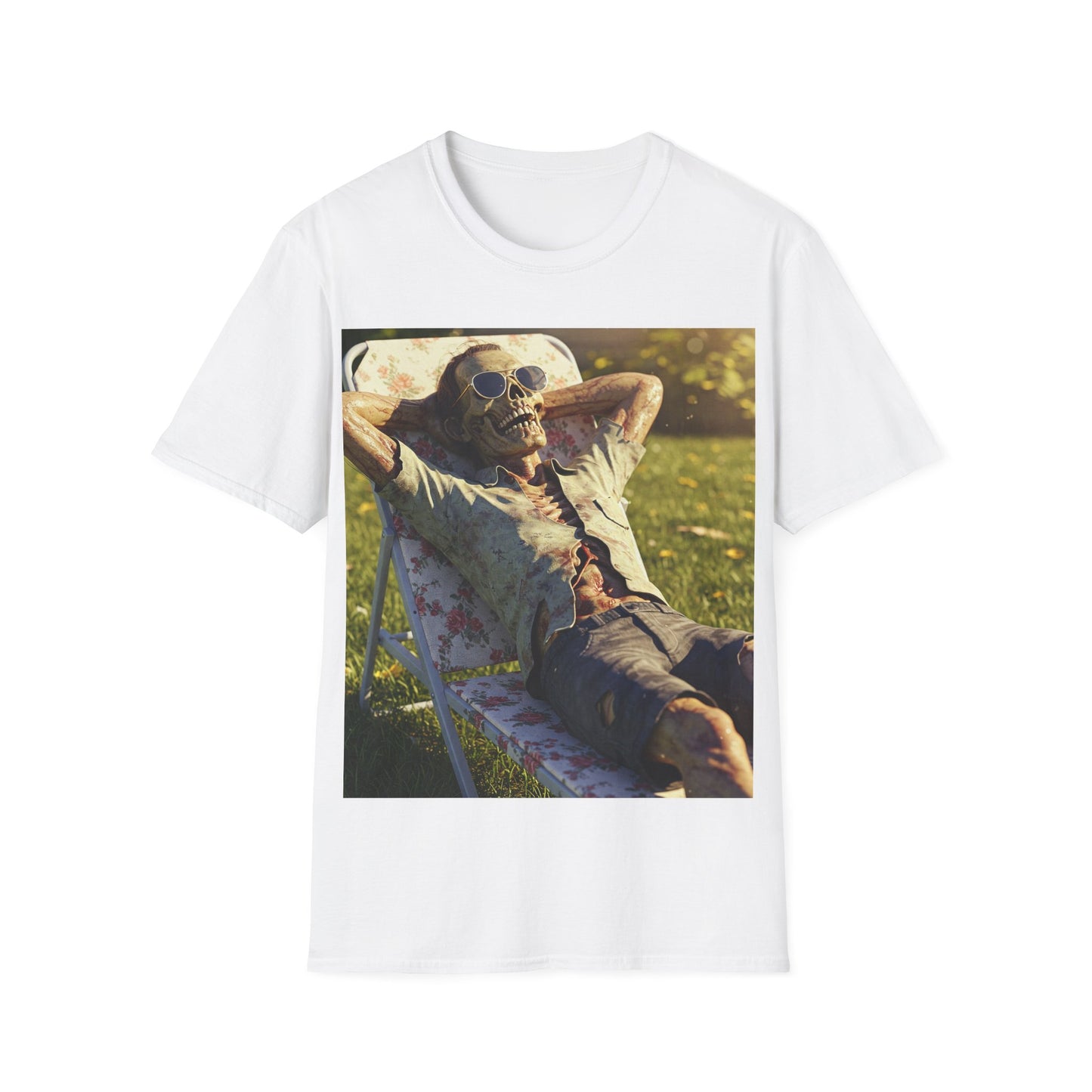 UK - Relaxing Skeleton Unisex Softstyle T-Shirt - Perfect for Halloween and Everyday Wear