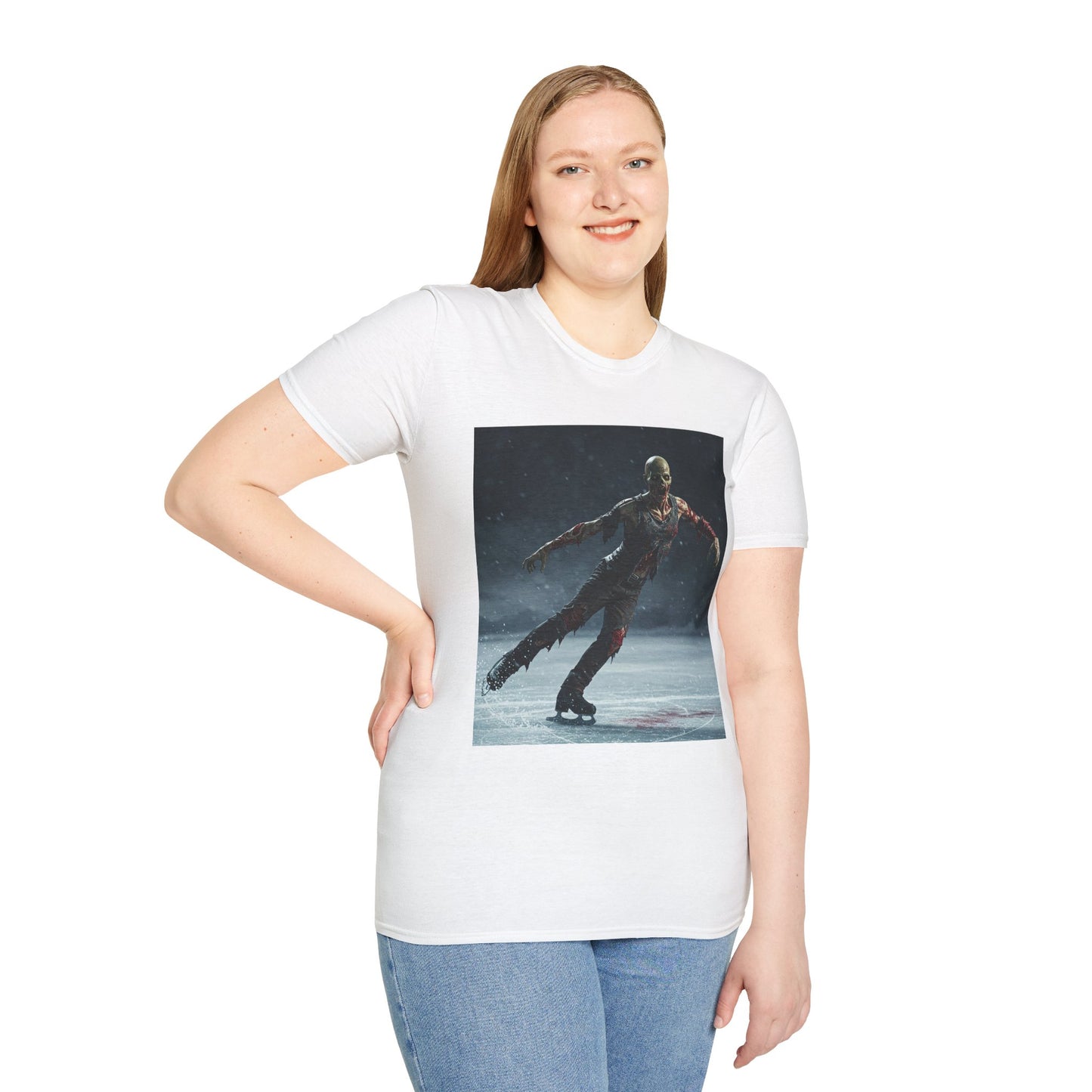 Chilling Thriller Unisex Softstyle T-Shirt - Ice Skating Horror Design